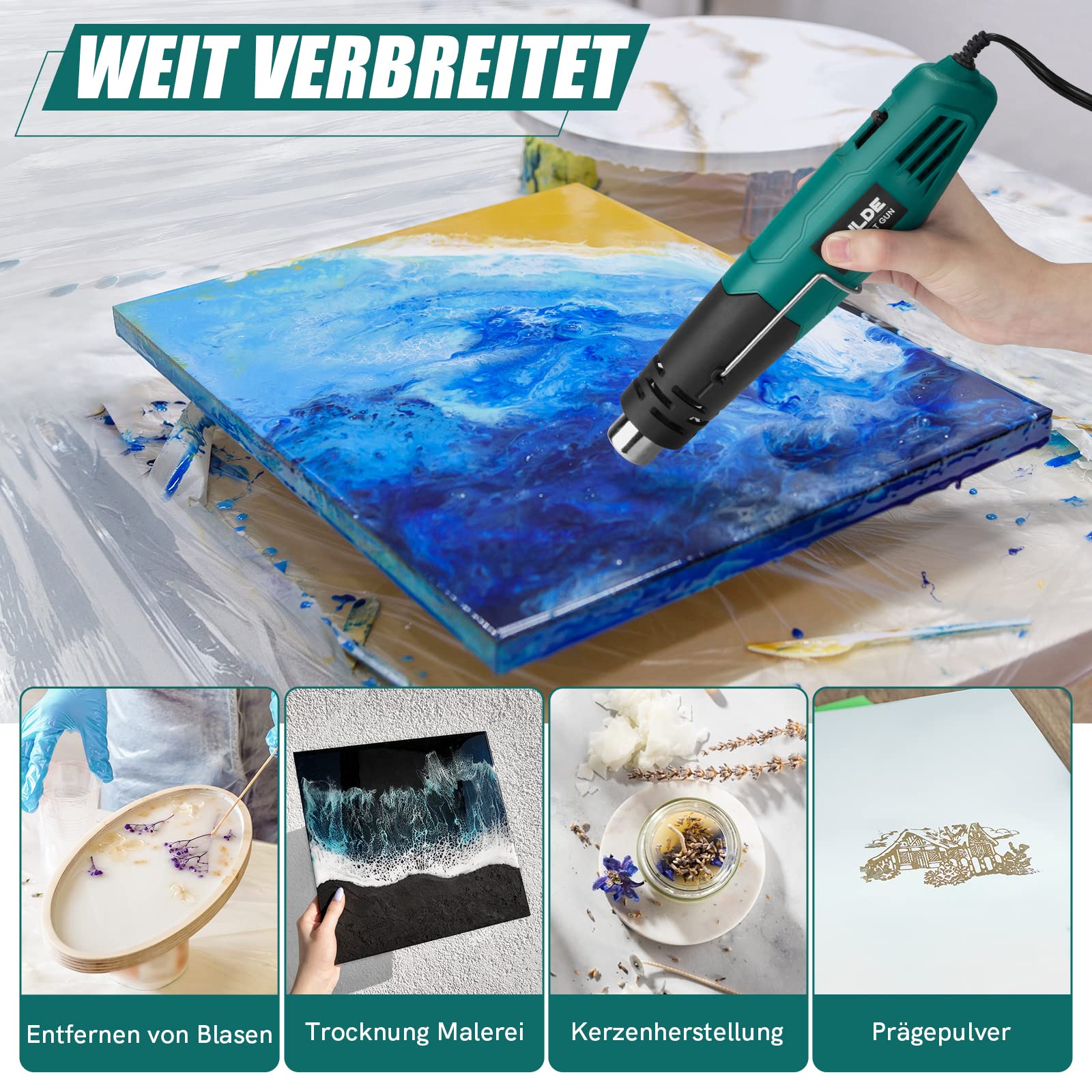 Mini Heißluftpistole - PRULDE Handheld Heißluftföhn 500W Schnelles Aufheizen Heissluftgebläse mit 2 Temperatureinstellungen für Acrylharz Handwerk, Basteln, Epoxidharz, Schrumpffolie