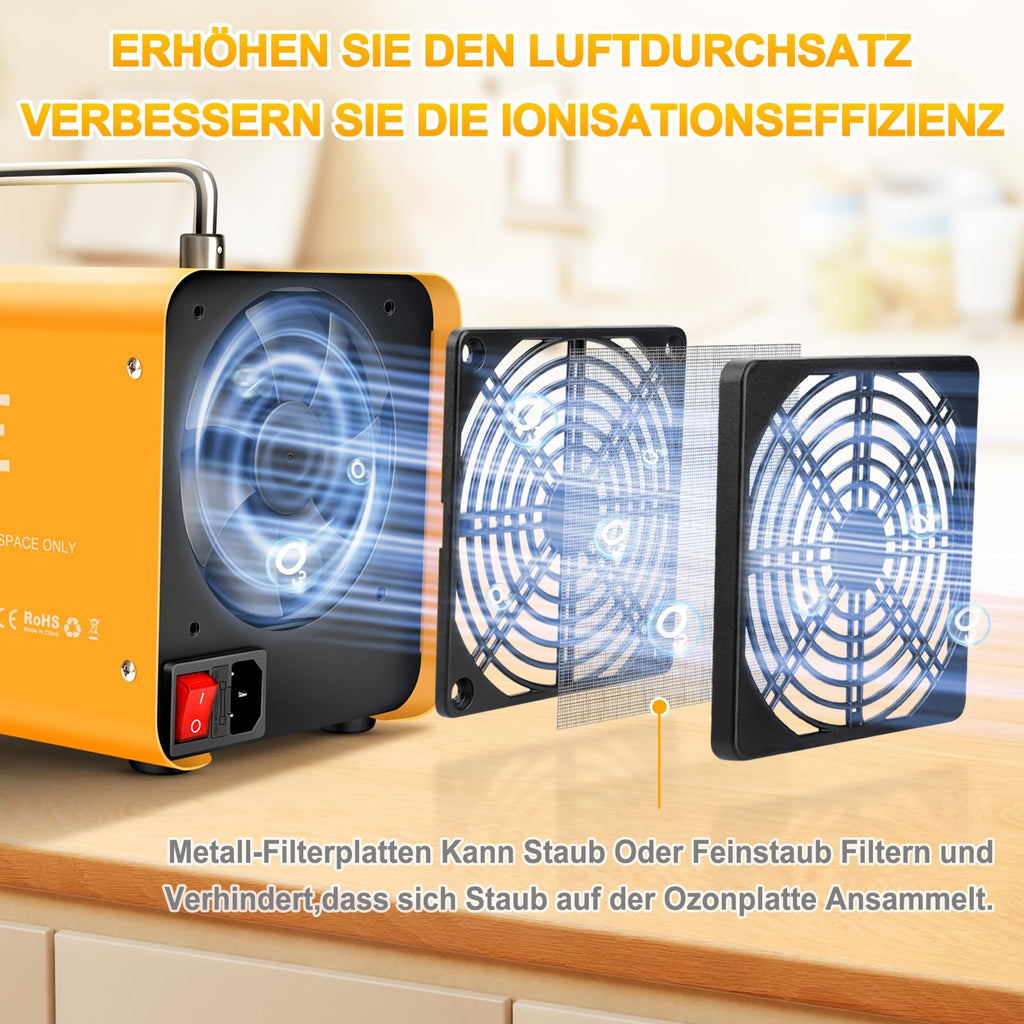 Ozongenerator 60000mg/h Ozongerät, Ozonisator Industrieller O3 Ozon Luftreiniger mit 120 Min Timer für 300㎡ Geruchskiller Geruchsneutralisierer für Auto, Rauch, Haustiergerüche, Gelb