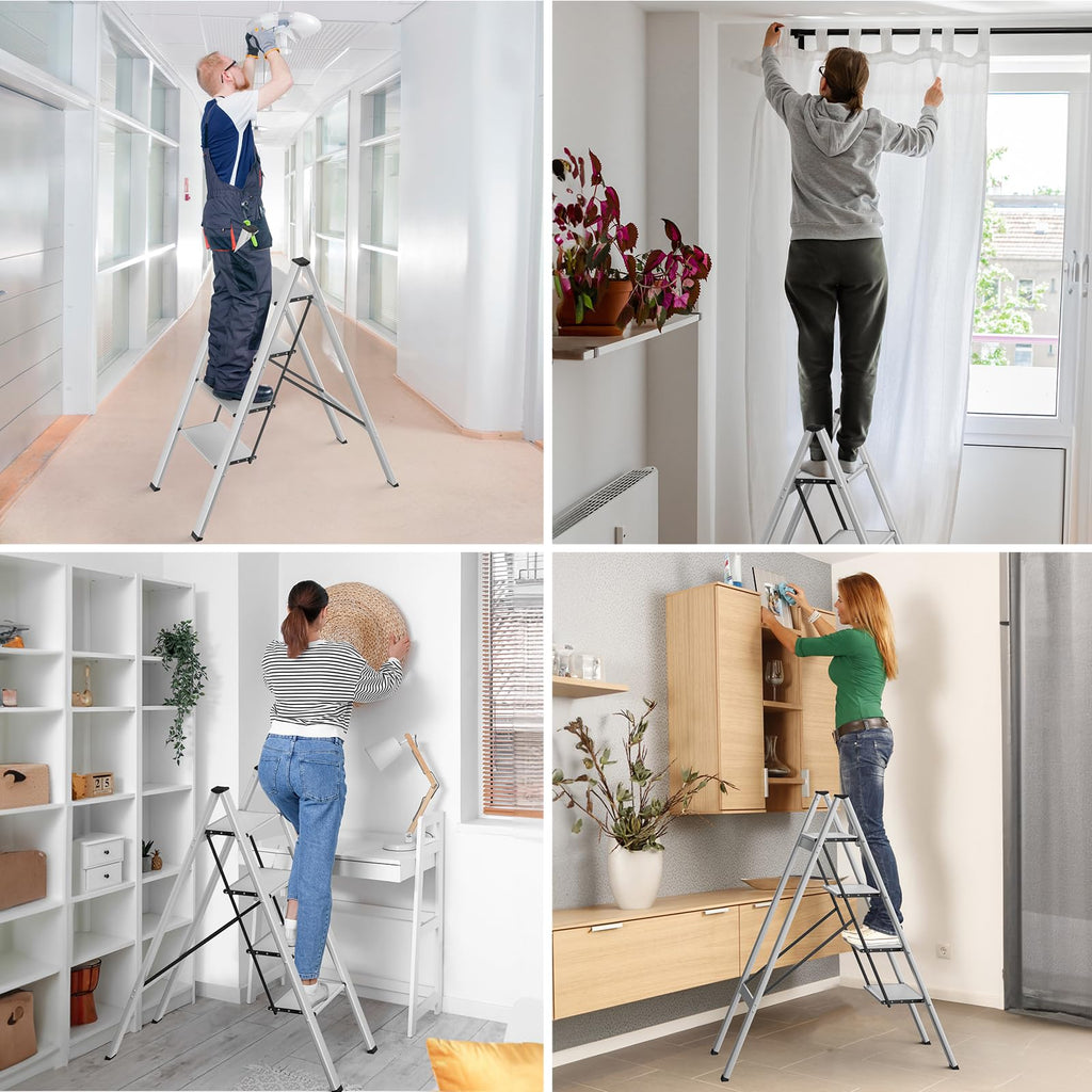 TLGREEN Alu Trittleiter 4-Stufen-Leiter Klappleiter Rostfeste rutschfeste Stehleiter Haushaltsleiter Multifunktionale Tritthocker Licht Platzsparend bis 150kg Belastbar für Küchen Haushalt Außen Büro