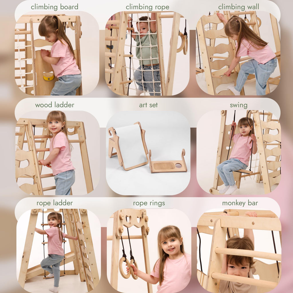 Goodevas Verbessert 9-in-1 Klettergerüst Indoor für Kinder, Montessori Klettergerüst mit Rutsche, Schaukel, Kletterwand, Kletterdreieck, Kunst hinzufügen – Spielplatz für Kinderzimmer