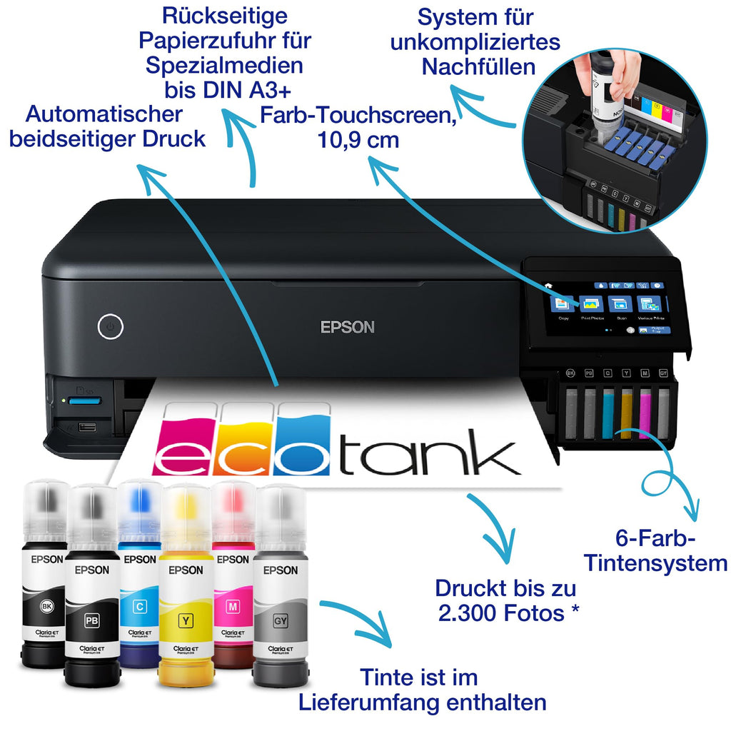 Epson EcoTank ET-8550 Fotodrucker für kreative Enthusiasten, ultrakomfortables A3+-Format, 6-Farb-Tinten, 5-Wege-Medienmanagement, Wi-Fi Direct und Ethernet, Touchscreen
