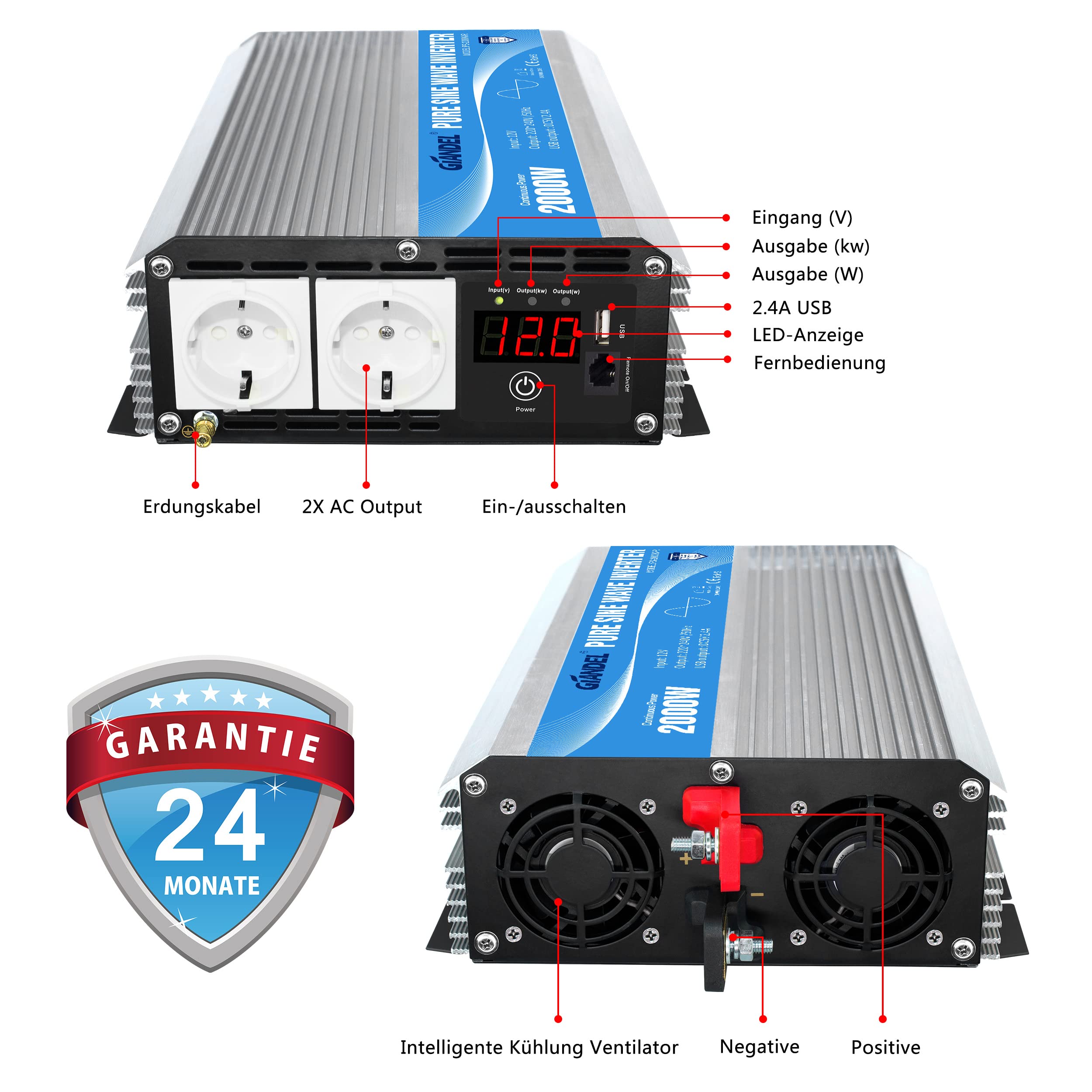 GIANDEL 2000W Wechselrichter 12V auf 230V Reiner Sinus Spannungswandler Kompatibel Lithium-Batterie, Für Wohnmobil, LKW, Zuhause, Off-Grid Solarstrom Umwandler-Inverter mit LED-Anzeige