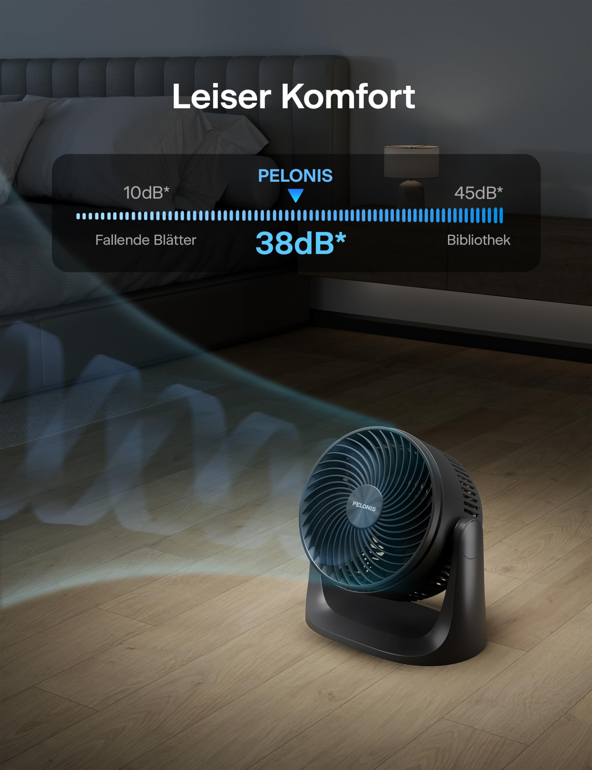 PELONIS 3 stufiger Luftzirkulationsventilator 18 cm Kompakt Tischventilator mit 100° Neigung, Leiser Betrieb für Schlafzimmer & Büro Energieeffizienter Schwarz Ventilator
