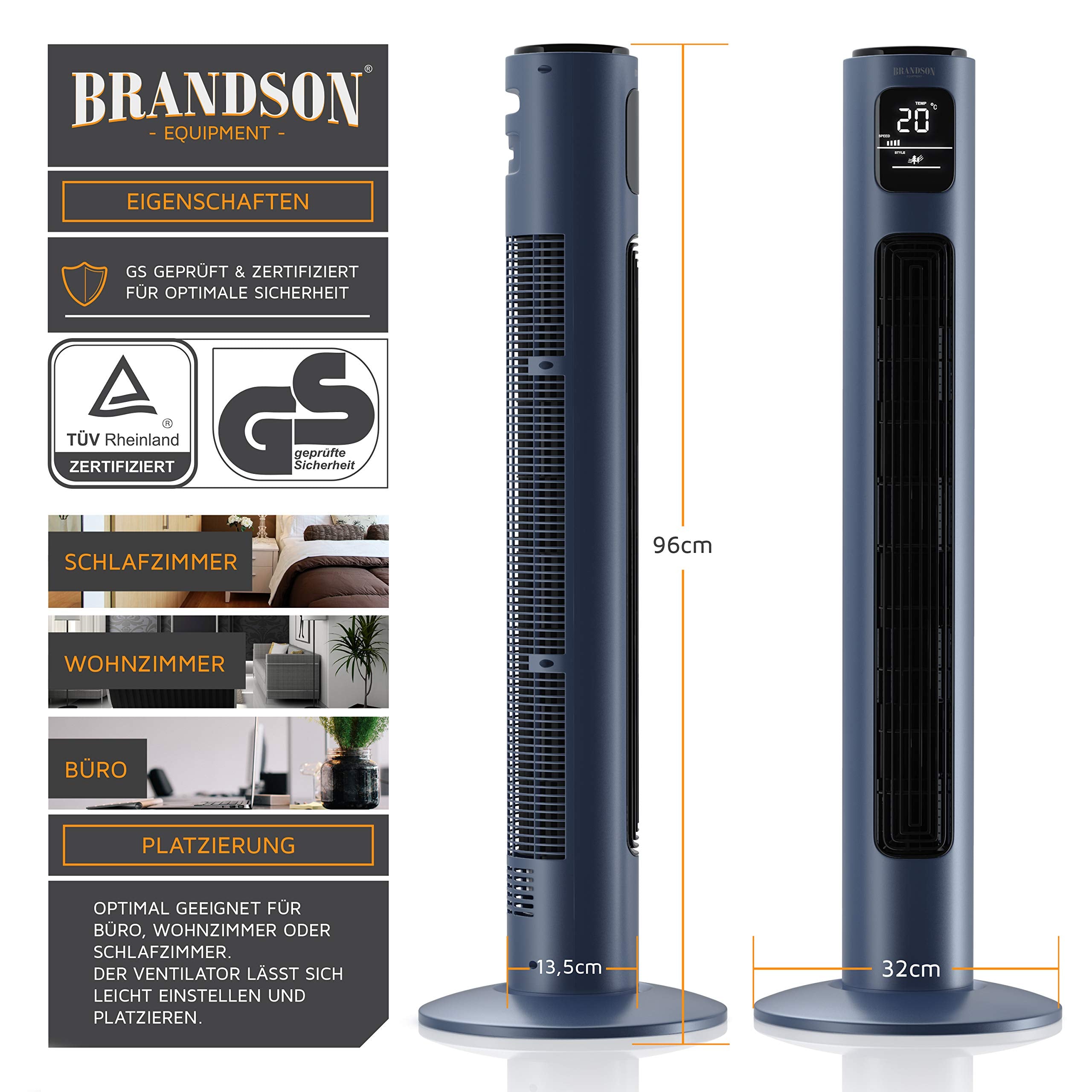 Brandson - Turmventilator mit Fernbedienung - Preisträger 2025 - Oszillation 60° - Standventilator - mobiler Lüfter - Tower Fan - 96 cm - 45W - Ventilator mit 3 Geschwindigkeiten - Blau