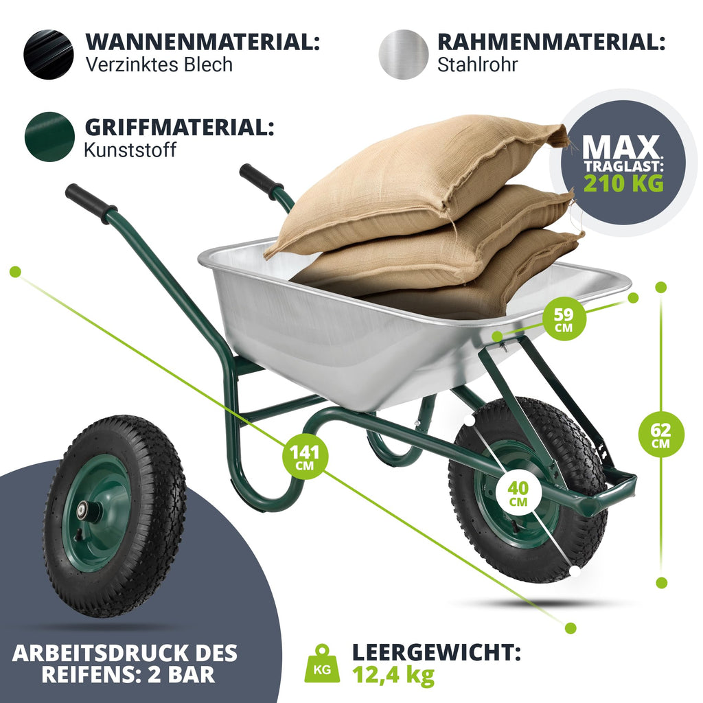 Juskys Schubkarre 100L, 210 kg – mit verzinkter Wanne, Luftreifen & Metall Felge, stabile Garten Schubkarre & Schiebkarre – Transportkarre Garden Silber