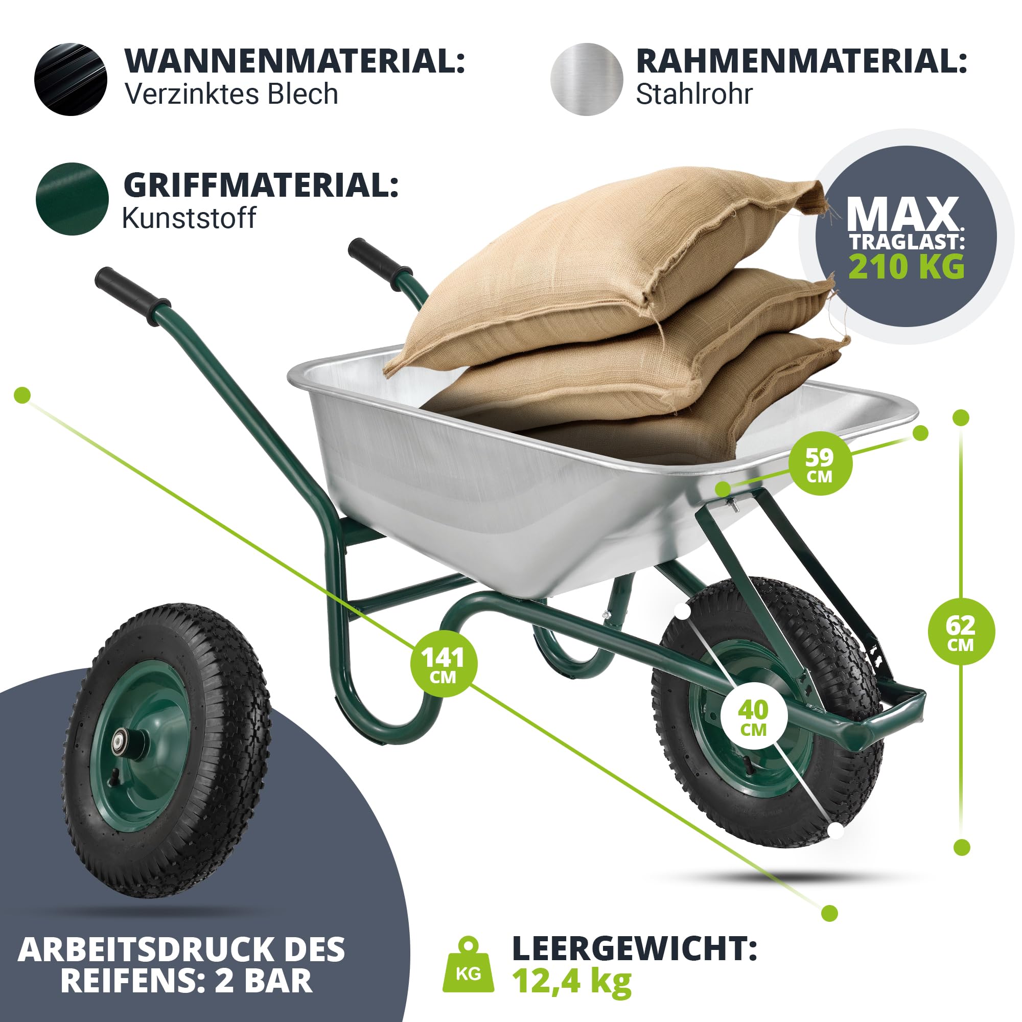Juskys Schubkarre 100L, 210 kg – mit verzinkter Wanne, Luftreifen & Metall Felge, stabile Garten Schubkarre & Schiebkarre – Transportkarre Garden Silber