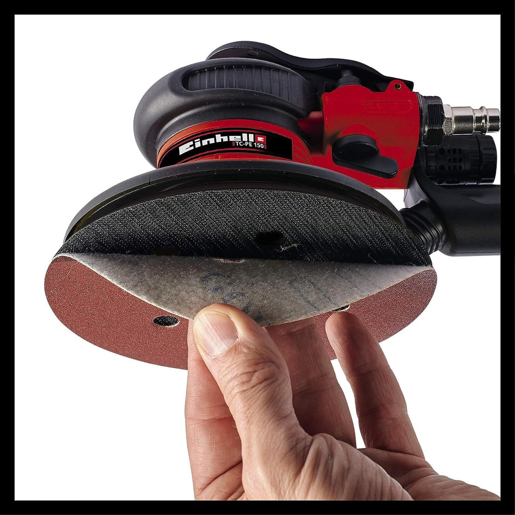 Einhell Druckluft-Exzenterschleifer TC-PE 150 (150 mm Schleiftellerdurchmesser, stufenloser Regulierungshebel, inkl. 6 Schleifpapieren, Stecknippel, Spannschlüssel)