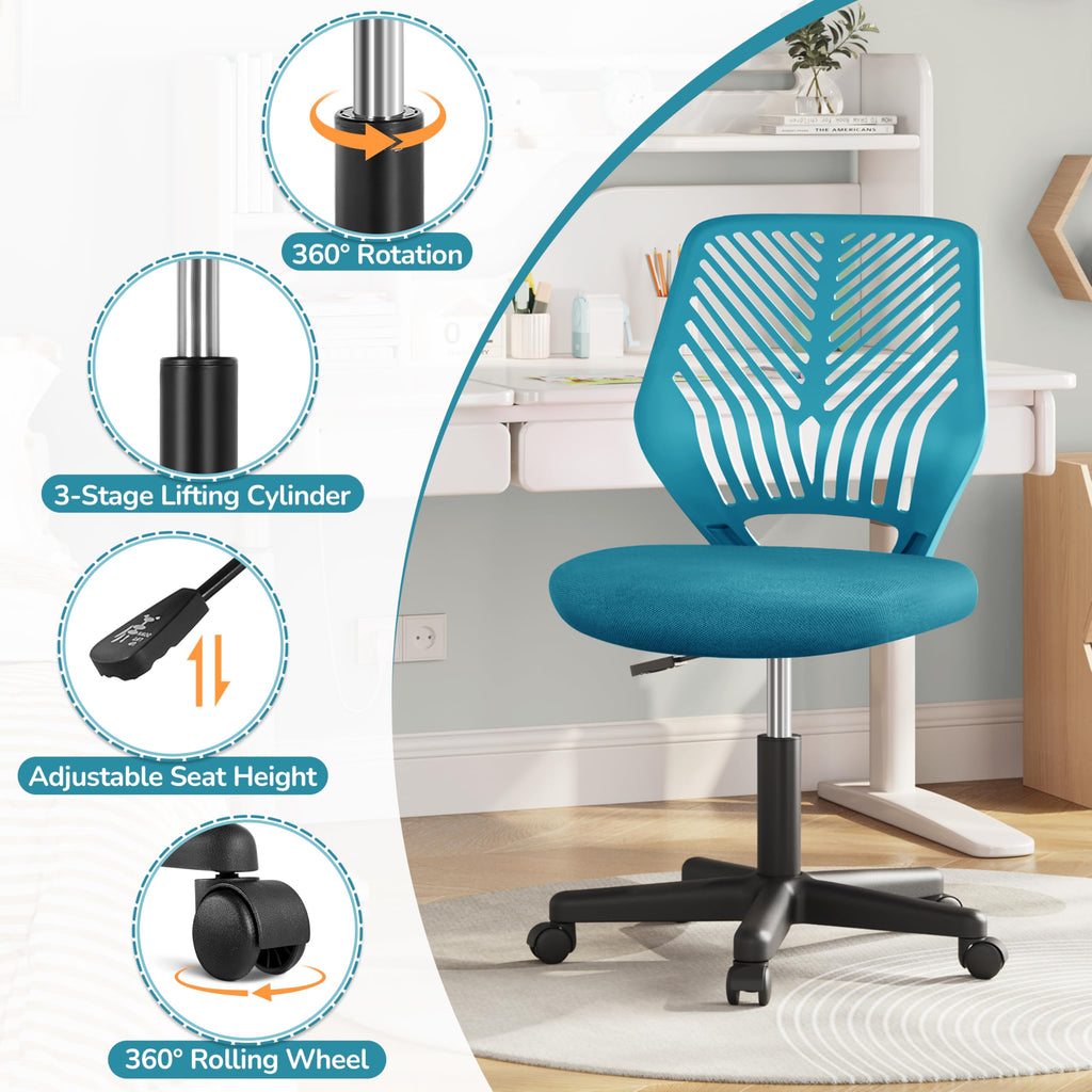 Yaheetech ergonomisch Schreibtischstuhl Bürostuhl ohne Armlehnen Drehstuhl mit Rücklehne Arbeitsstuhl höhenverstellbar 136 kg belastbar 50 x 55 x 79-92 cm Türkis