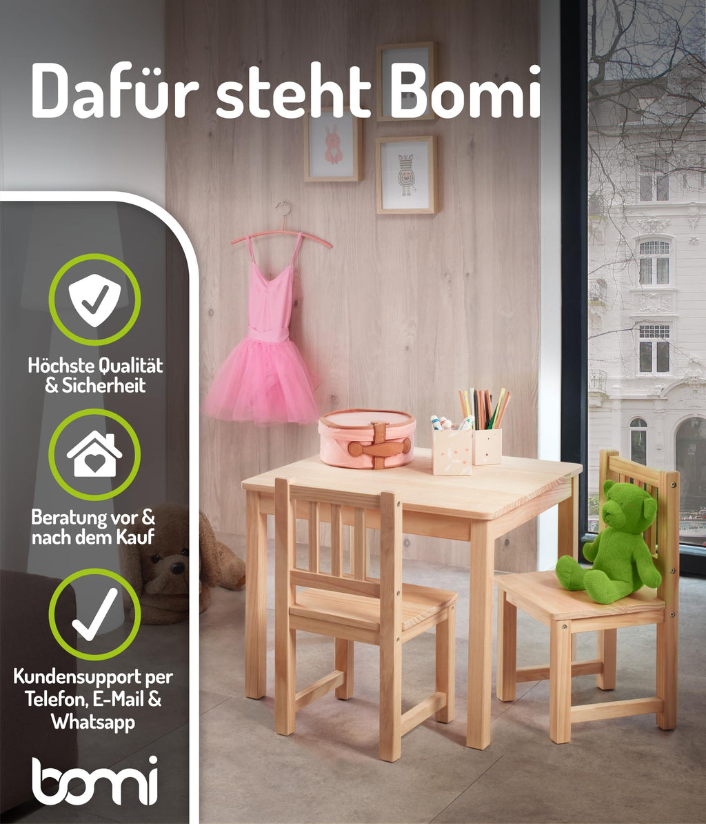 Bomi Kindersitzgruppe Holz Amy | Kindertisch mit 2 Stühlen | Tisch & Stühle Kinderzimmer Set | Kindertisch für drinnen | Maltisch & Basteltisch Kinder | Kindermöbel Holz Naturbelassen