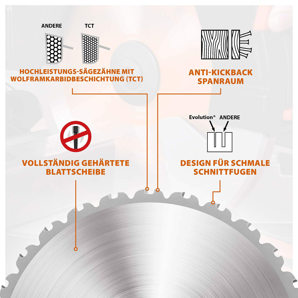 Evolution Power Tools R255TCT zaagblad met 28 tanden en met een uiteinde van carbide voor meerdere materialen - zaagt hout, metaal, kunststof en meer, 255 mm