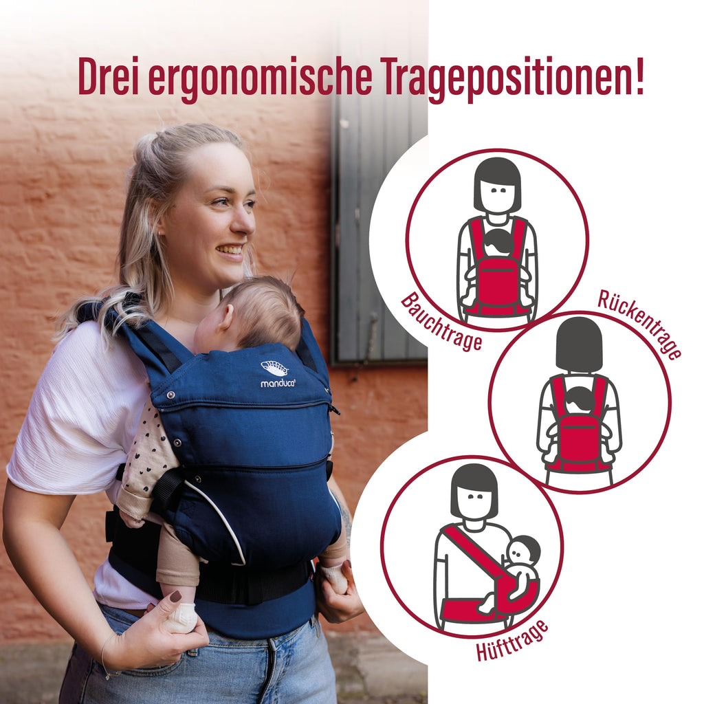 manduca First Babytrage - Verstellbarer und vielseitiger Tragesitz für Babys und Kleinkinder (3,5-20 kg) - Babytrage mit Front-, Hüft- und Rückentragefunktion ,Navy