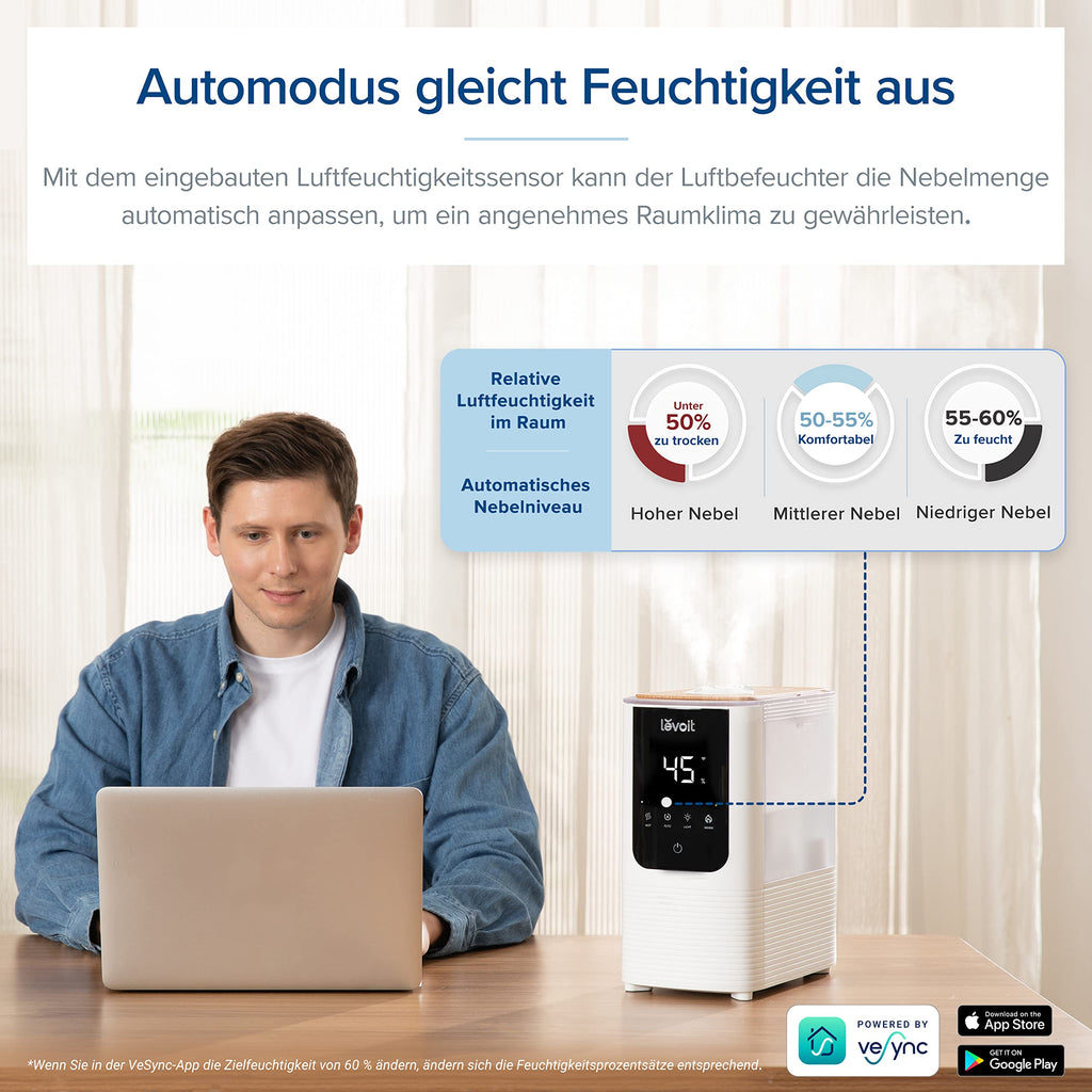 Levoit Top-Fill Luftbefeuchter, Smart Humidifier, Warm&Kalter Nebel max 550 ml/h, bis 40㎡, leise Raumbefeuchter mit Nachtlicht für Kinderzimmer, Pflanzen, Auto Shut-off, 4,5 L, Mondweiß