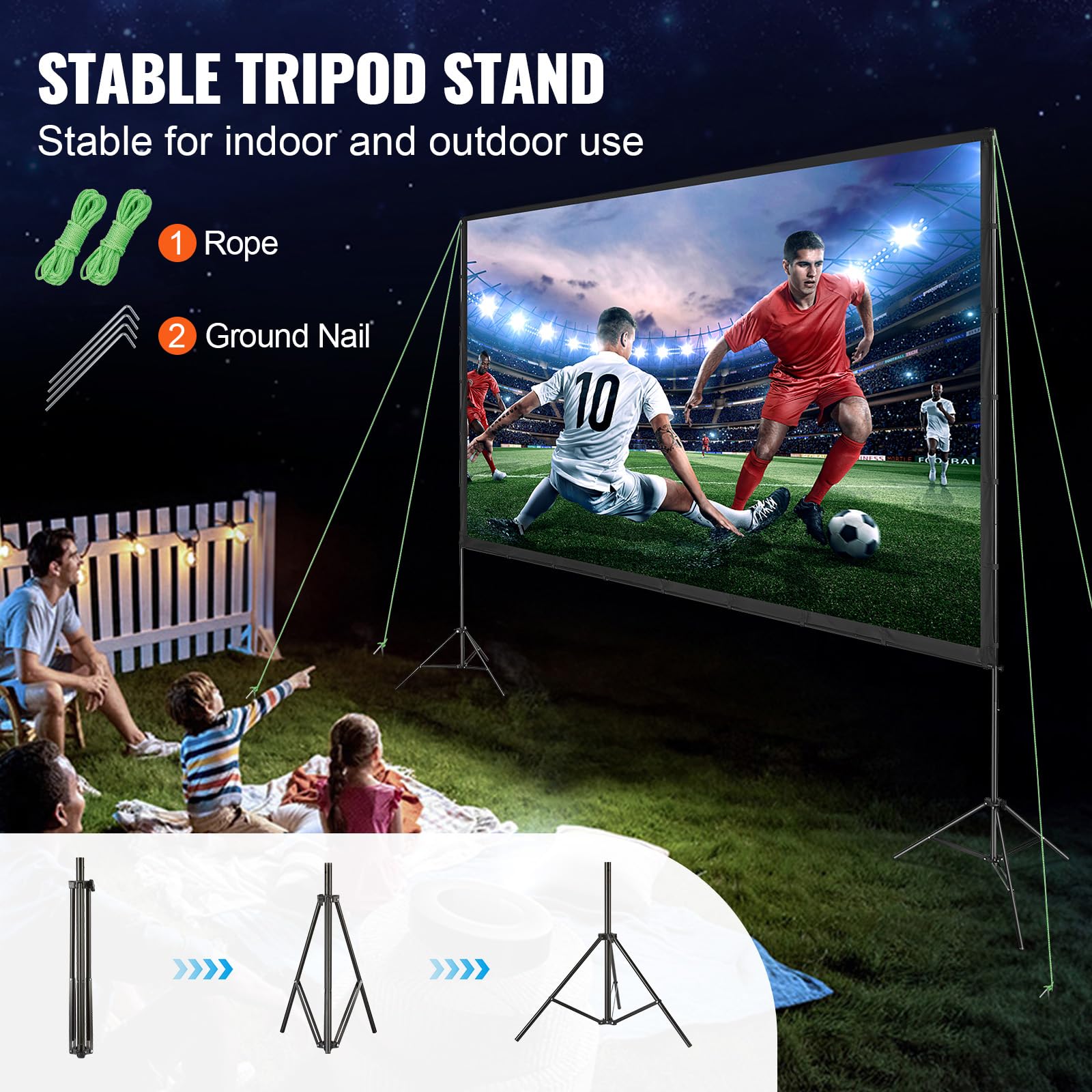 VEVOR Projektion Beamer Leinwand mit Ständer 150 Zoll HD 4K Outdoor Indoor Projektor Screen Schnelles Klappbare Tragbare Filmleinwand 16: 9 für Heimkino, Camping und Freizeitveranstaltungen Schwarz