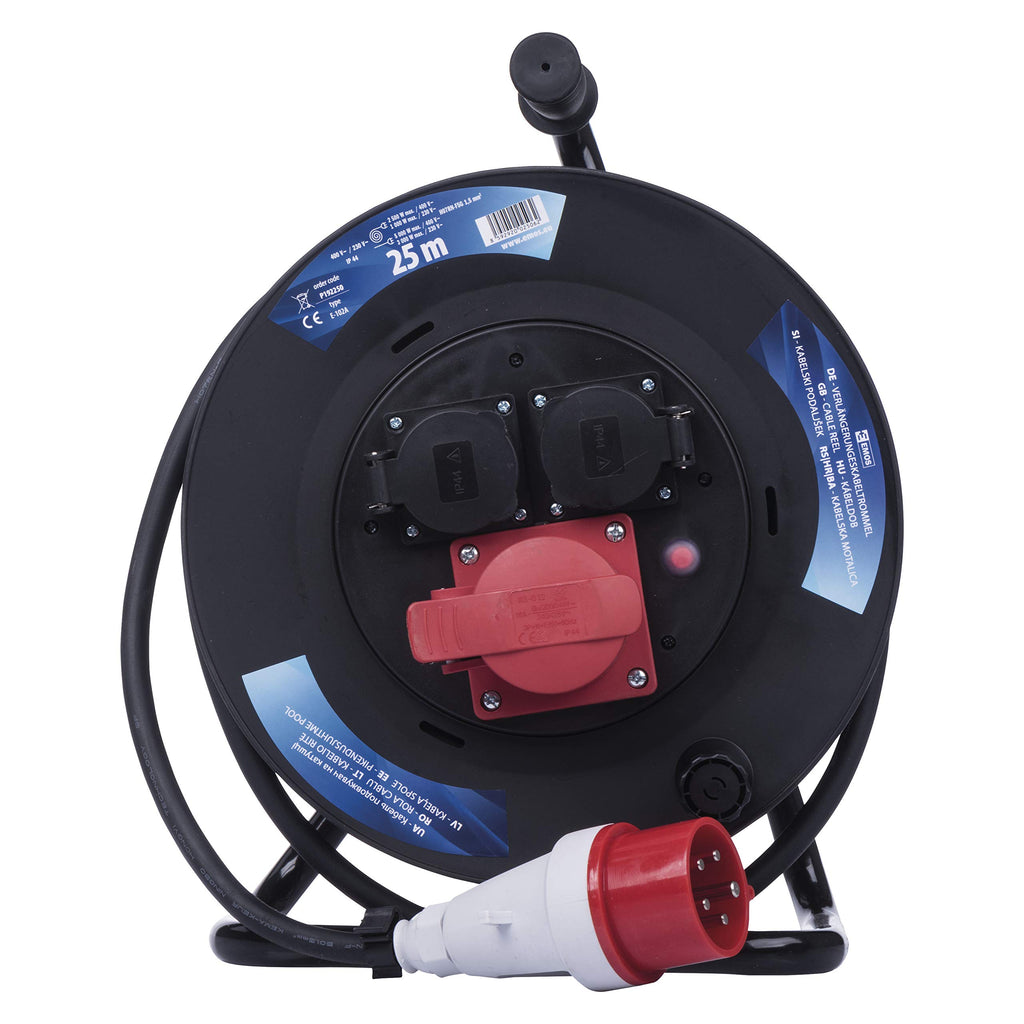 EMOS - CEE-Kabeltrommel 25m - 3 Steckdosen (1 CEE, 2 Schuko) - wasserdicht - 230 V/400 V, 13 A, 3000 W/5000 W - Gummi-Isolierung - H07RN-F 1,5 mm2 - IP44 für Außenbereich & Camping