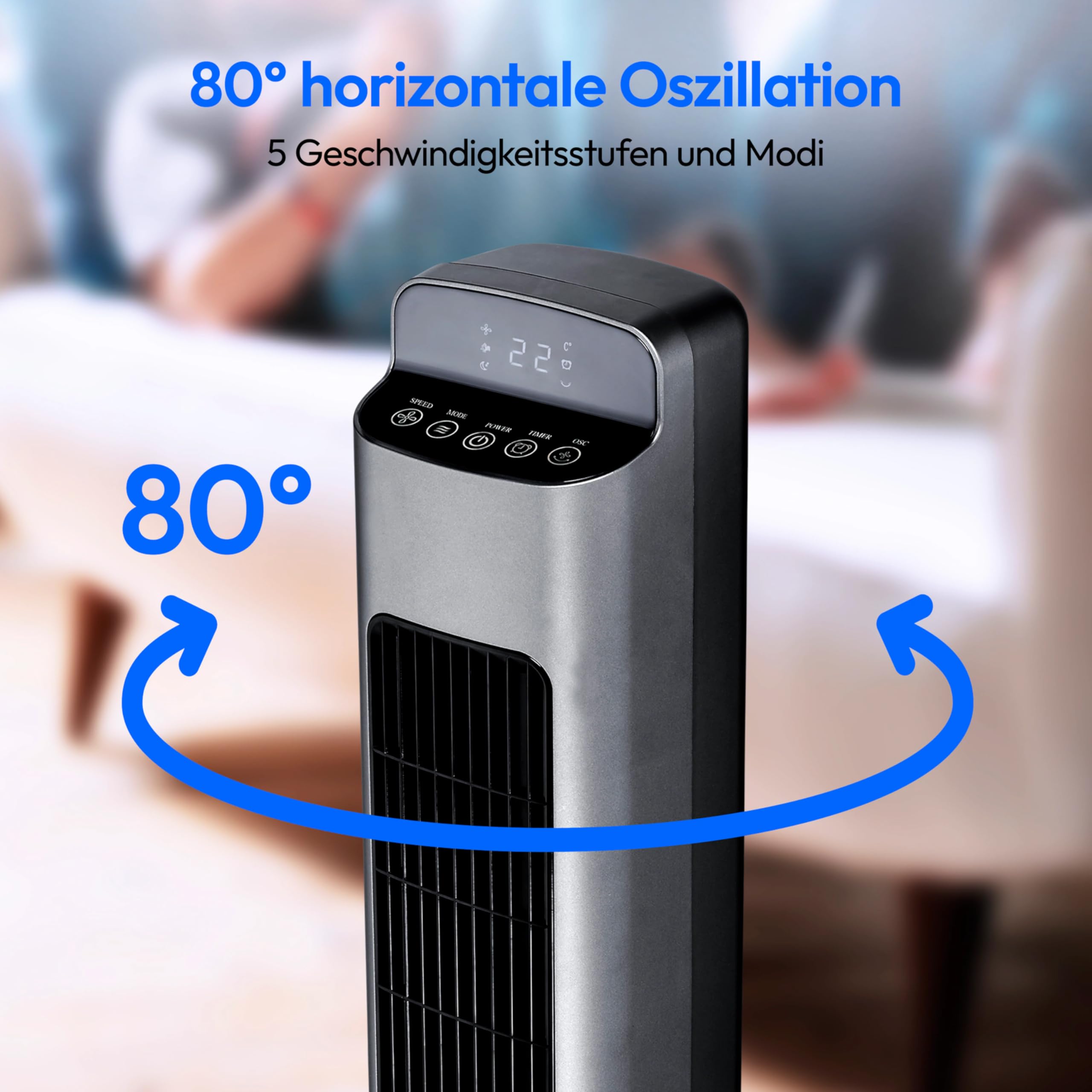 MEDION P15 TF Turmventilator mit Fernbedienung (5 Geschwindigkeitsstufen, leiser Schlafmodus, 45 Watt Leistung, Automatische 80° horizontale Oszillation, LED Display, MD10809) Anthrazit