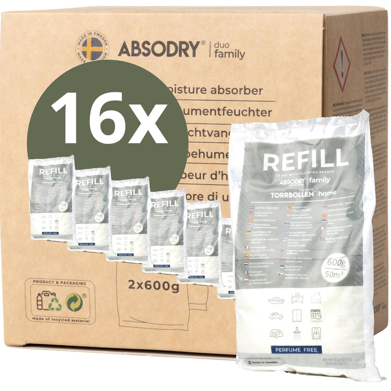 AbsoDry - Luftentfeuchter Nachfüllpack 16x600g - AbsoDry kompatibel - Verhindert Geruch & bindet Feuchtigkeit - Trockenmittelbeutel mit Granulat für Raumentfeuchter - Entfeuchter Nachfüllpack