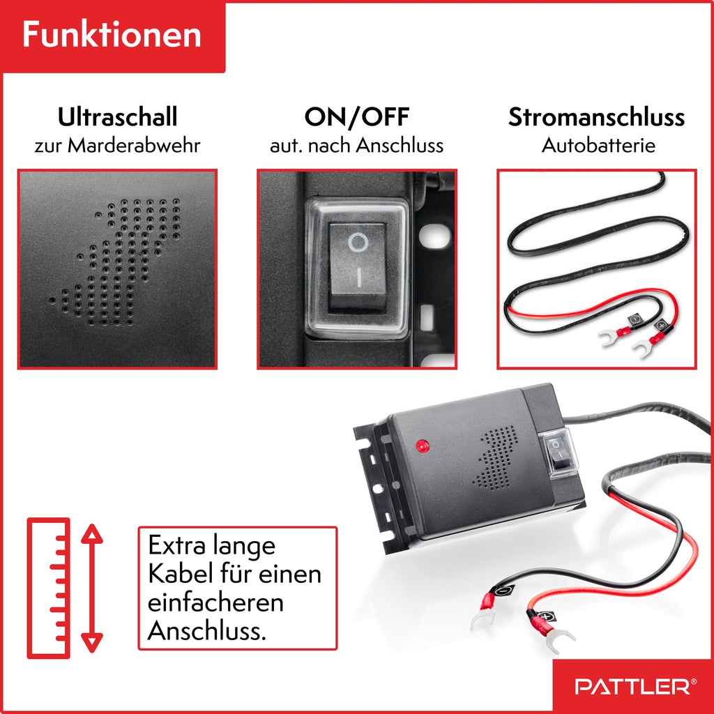 PATTLER® Marderschreck Auto - Marderabwehr mit Ultraschall. Anschluss an 12V Autobatterie. Sofortiger & Langfristiger Marderschutz im Motorraum