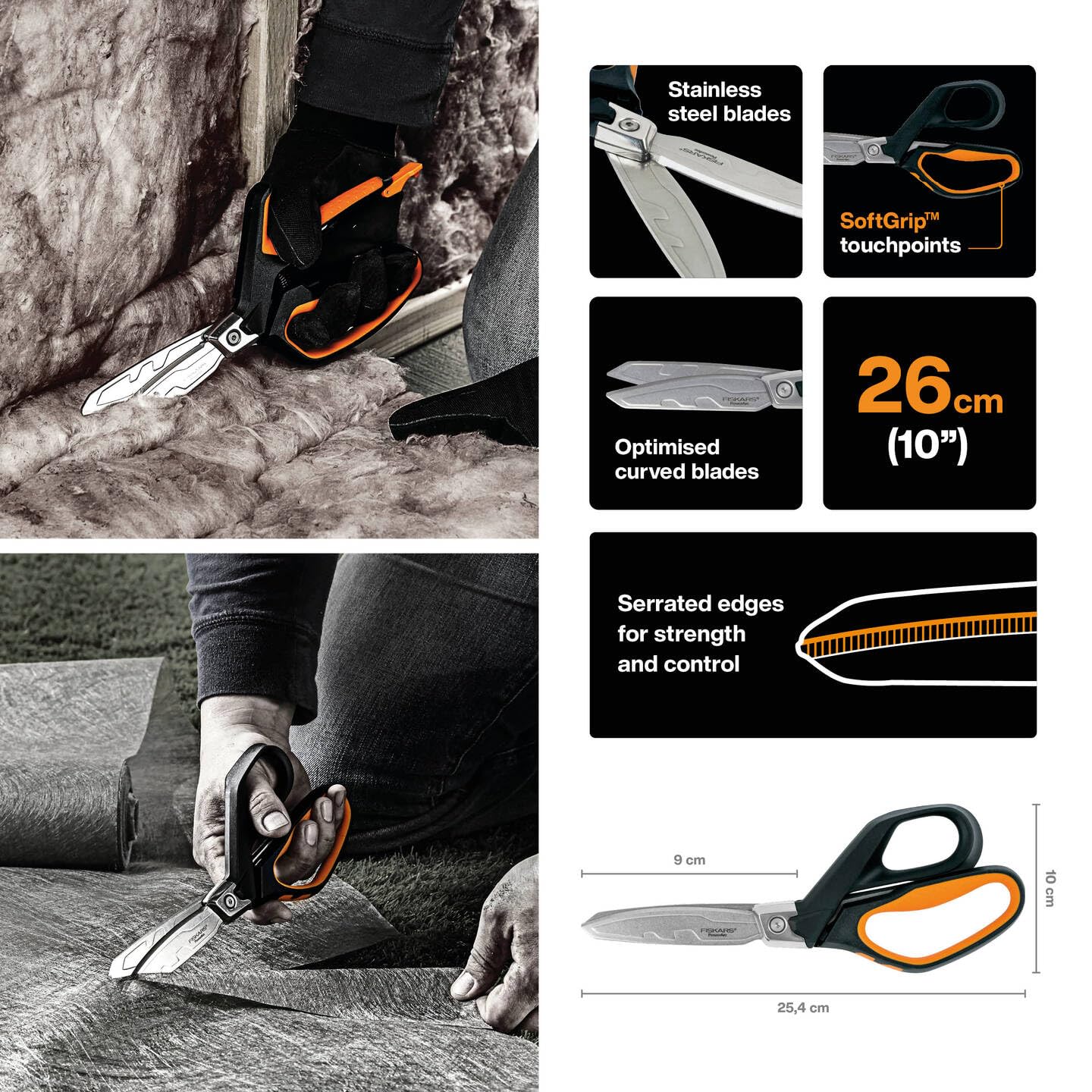 Fiskars Hochleistungsschere, Bis zu 30% mehr Kraft, Länge 26 cm, Langlebiger rostfreier Stahl/Kunststoff, Schwarz/Orange, PowerArc, 1027205