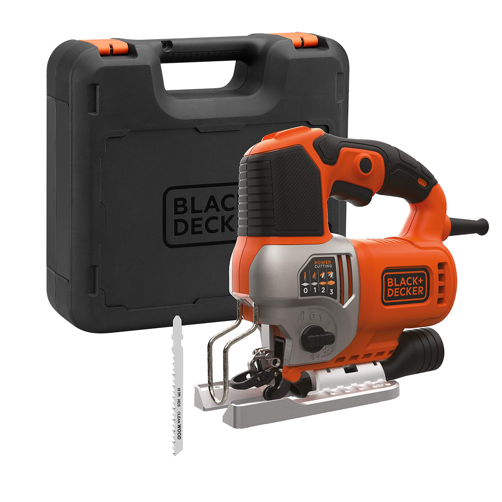 Black+Decker Elektronik-Pendelhub-Stichsäge (650 Watt, 19mm Hublänge, max. 90 mm Schnitttiefe, 3 Pendelhubstufen für vielseitigen Einsatz, variable Hubzahl, inkl. 2 Sägeblätter + Koffer) BES610K