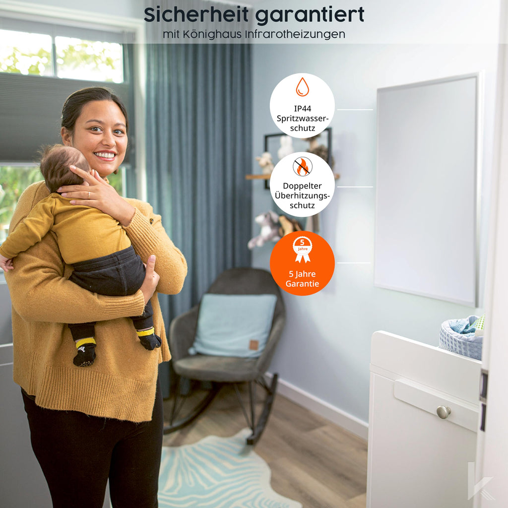 Könighaus Infrarotheizung - 300 Watt mit TÜV SÜD + 5 Jahre Herstellergarantie ✓ Doppelter Überhitzungsschutz ✓ Heizkörper in 2-4 min auf Betriebstemperatur ✓ inkl. Thermostat