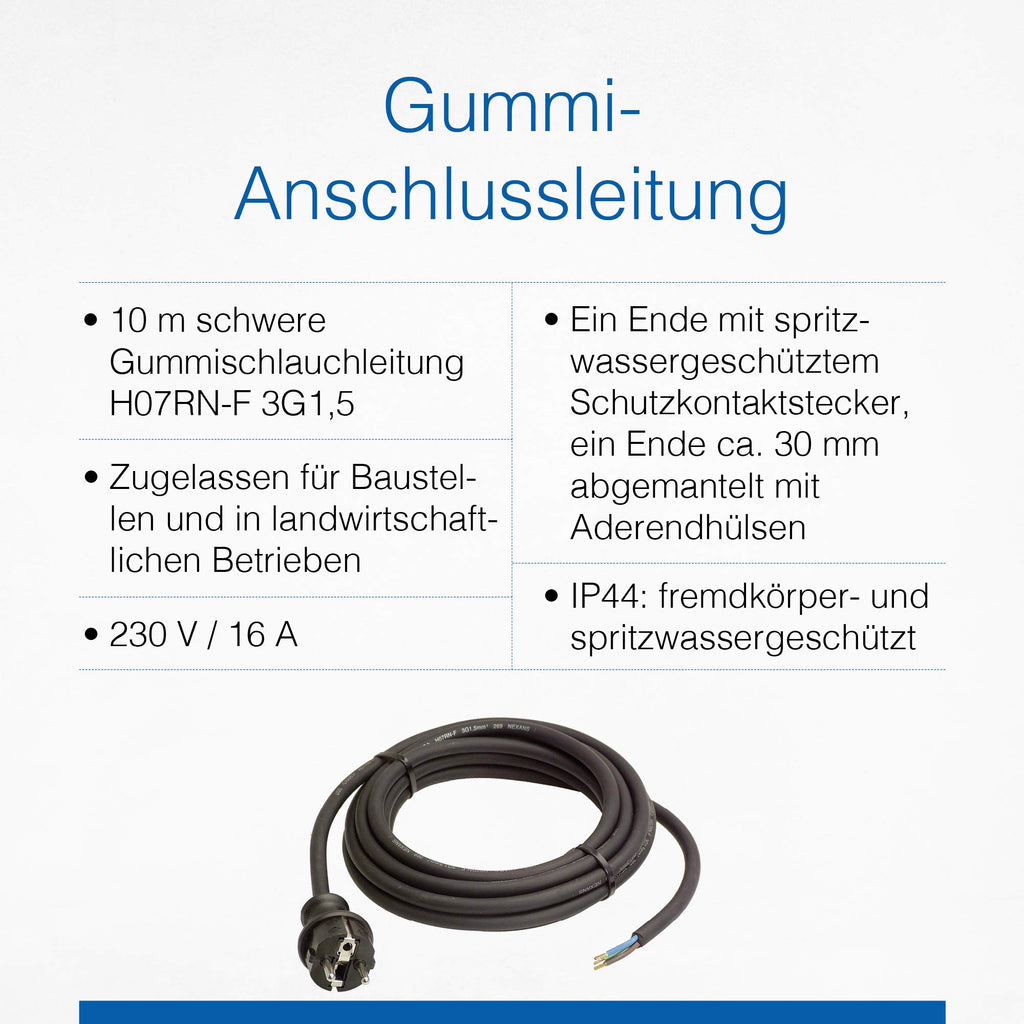 as - Schwabe Gummi-Anschlussleitung, 10 m H07RN-F 3G1,5 Verbindungskabel, Schutzkontaktstecker mit Leitung, Strom-Kabel mit Aderendhülsen, 230V, 16A, IP44, Schwarz, 70910