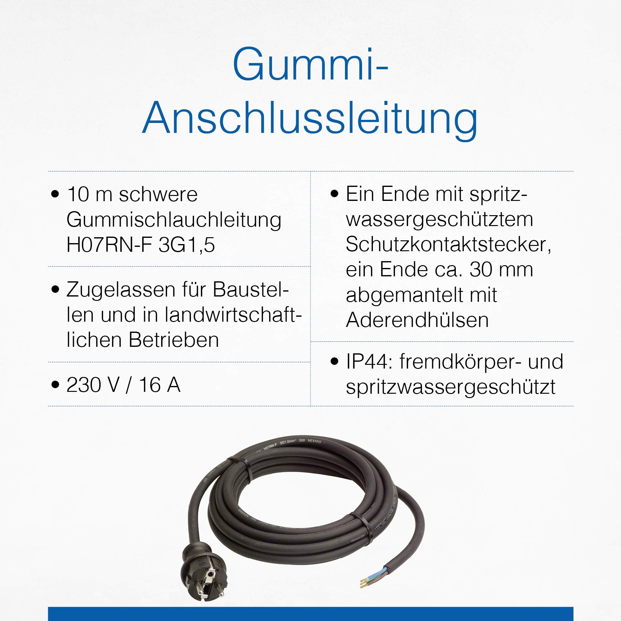 as - Schwabe Gummi-Anschlussleitung, 10 m H07RN-F 3G1,5 Verbindungskabel, Schutzkontaktstecker mit Leitung, Strom-Kabel mit Aderendhülsen, 230V, 16A, IP44, Schwarz, 70910