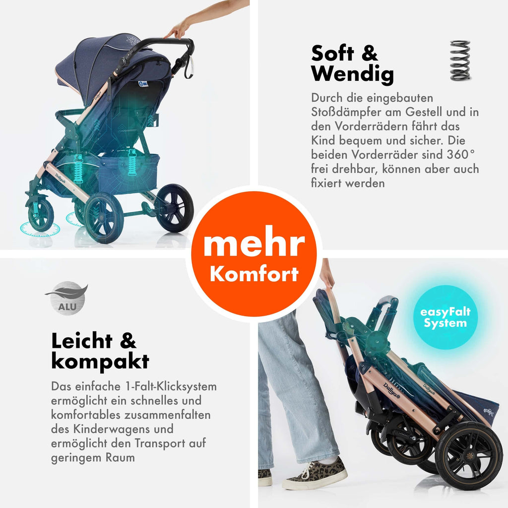Daliya® Rapidy Buggy Kinderwagen 0-36 Monate Sportwagen mit Liegeposition Wickeltasche, Winterfußsack, Ess- & Spieltisch und mehr (Blau - Gold)