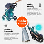 Daliya® Rapidy Buggy Kinderwagen 0-36 Monate Sportwagen mit Liegeposition Wickeltasche, Winterfußsack, Ess- & Spieltisch und mehr (Blau - Gold)