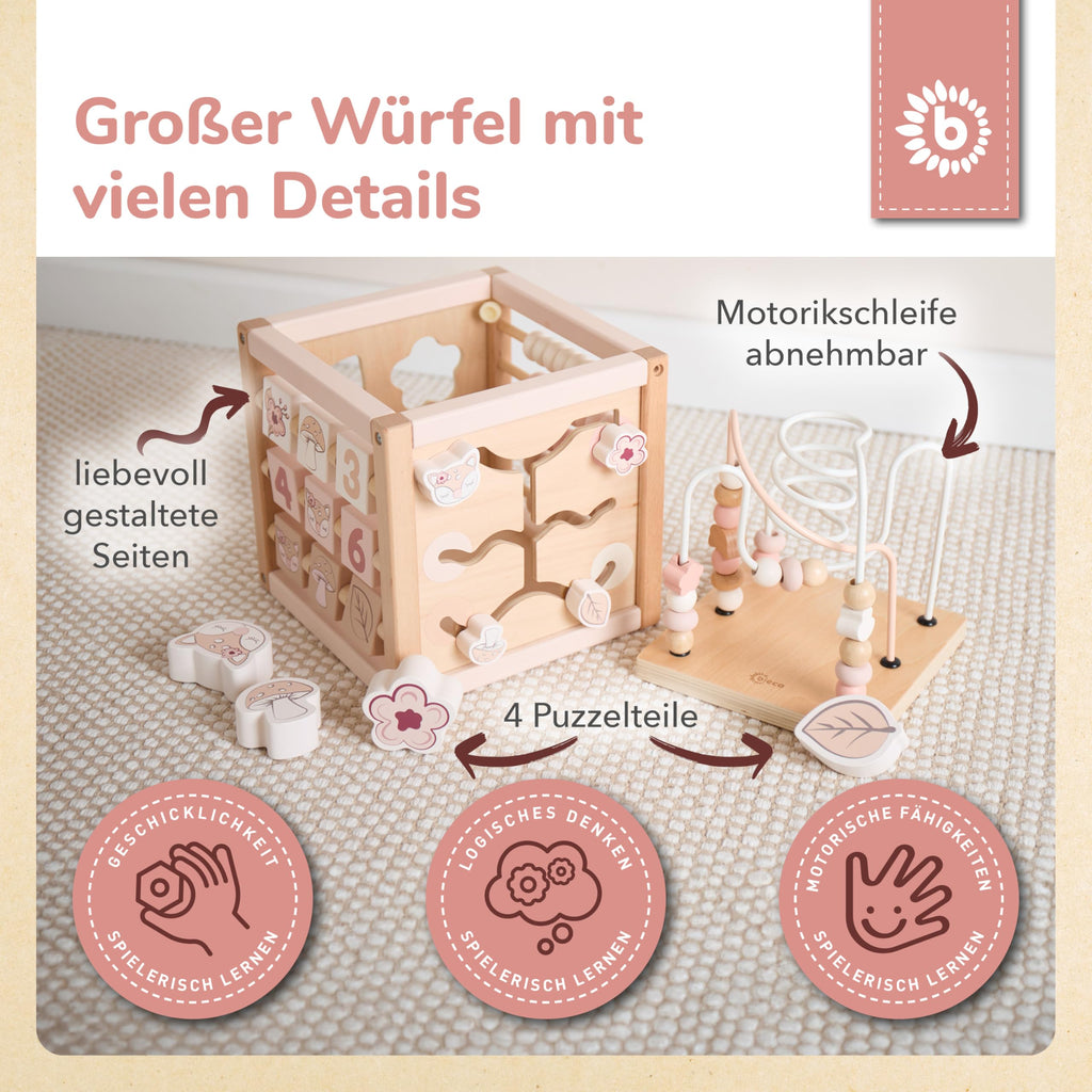Bieco Motorikwürfel REH Ella nachhaltiges Holz FSC® | Spielwürfel Baby Activity Center Baby Montessori Holzspielzeug ab 1 Jahr