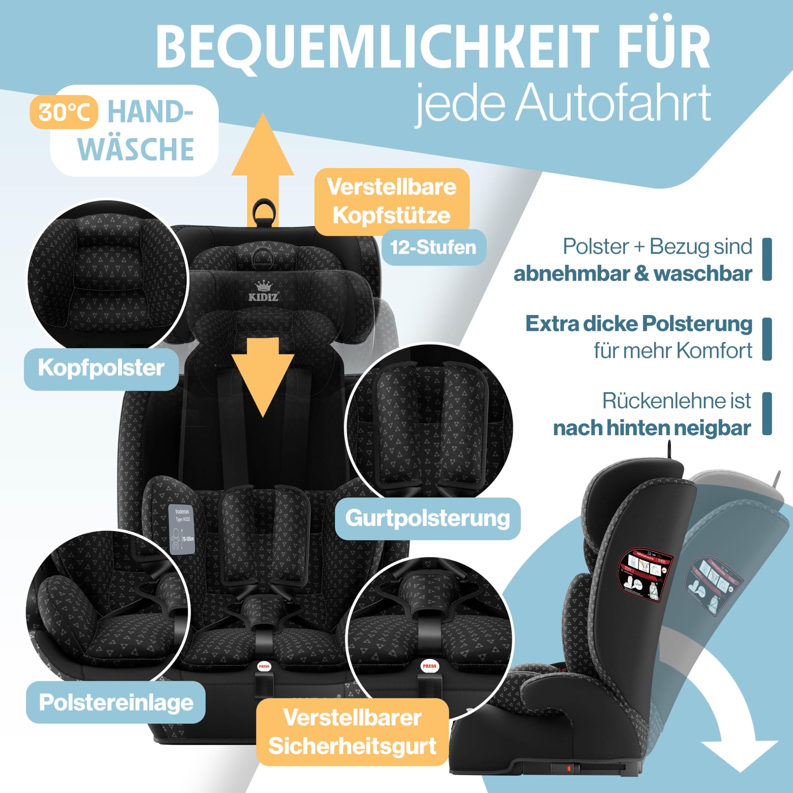 KIDIZ® Autokindersitz Triangle Premium Kindersitz mit Isofix Kinderautositz | Autositz Sitzschale | 9 kg - 36 kg 1-12 Jahre | Gruppe 1/2/3 | universal | zugelassen nach ECE R129/03
