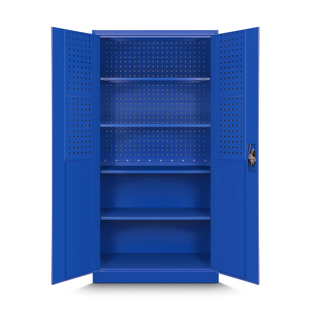 Jan Nowak by Domator24 Werkzeugschrank TC01A Werkstattschrank Garagenschrank Lochwand 4 Fachböden Flügeltüren Stahlblech 185 cm x 92 cm x 50 cm (blau)