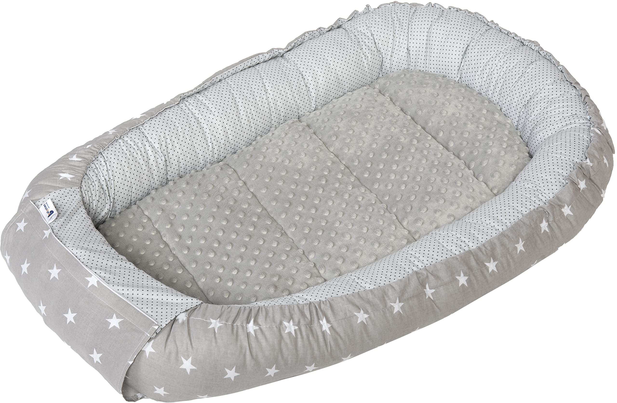 Medi Partners Babynest Nestchen für Neugeborene - 100x60x15 Babynestchen Baby zweiseitg Nest Bett 100% Baumwolle Minky Kuschelnest tragbar (graue Sternen mit graue Minky)