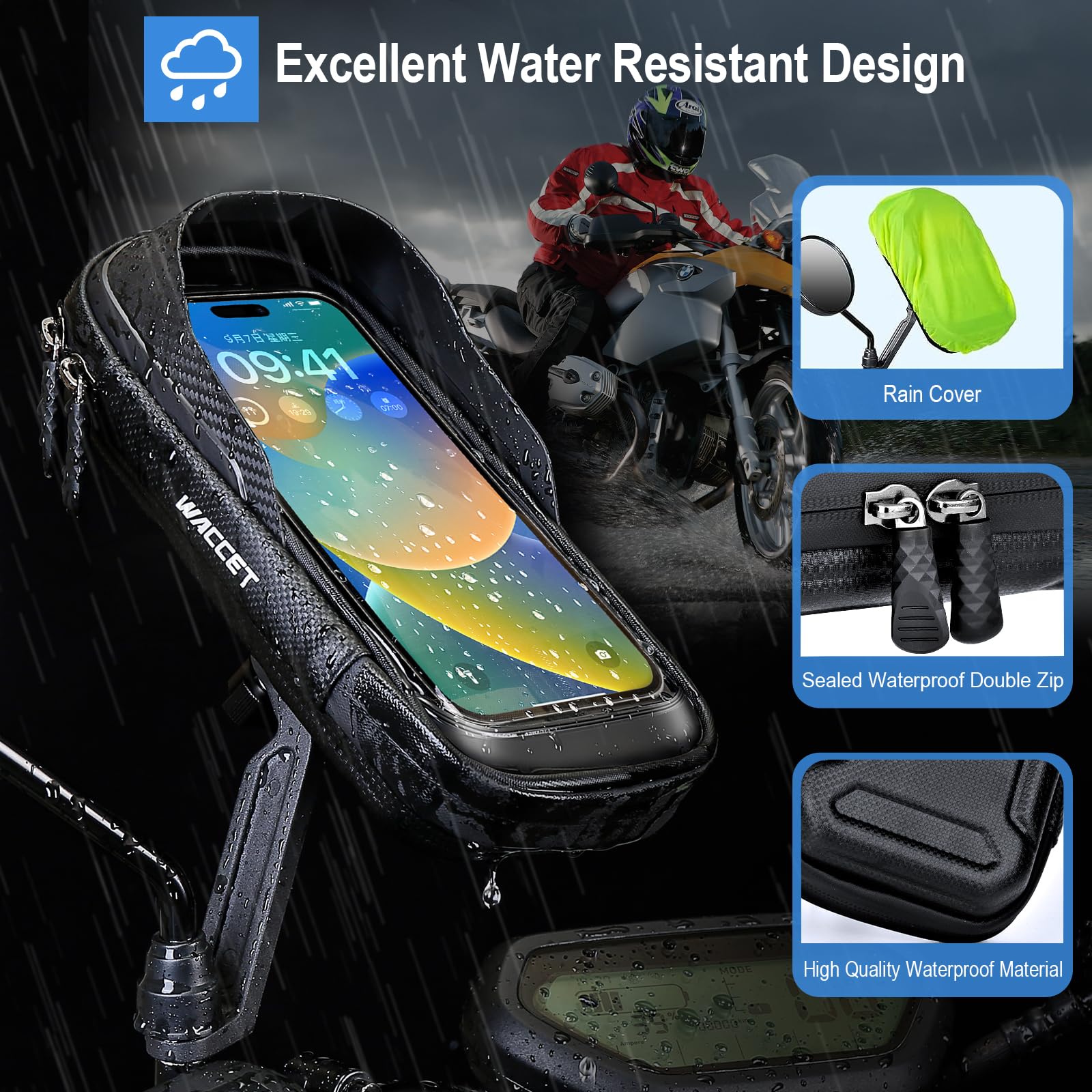 WACCET Handyhalterung Motorrad Wasserdicht, Motor Halterung 360° Drehbarer Handyhalter für Motorrad Spiegel mit Sonnenblende Touch ID Roller Handyhalterung für Smartphone is zu 7,2" (Schwarz)