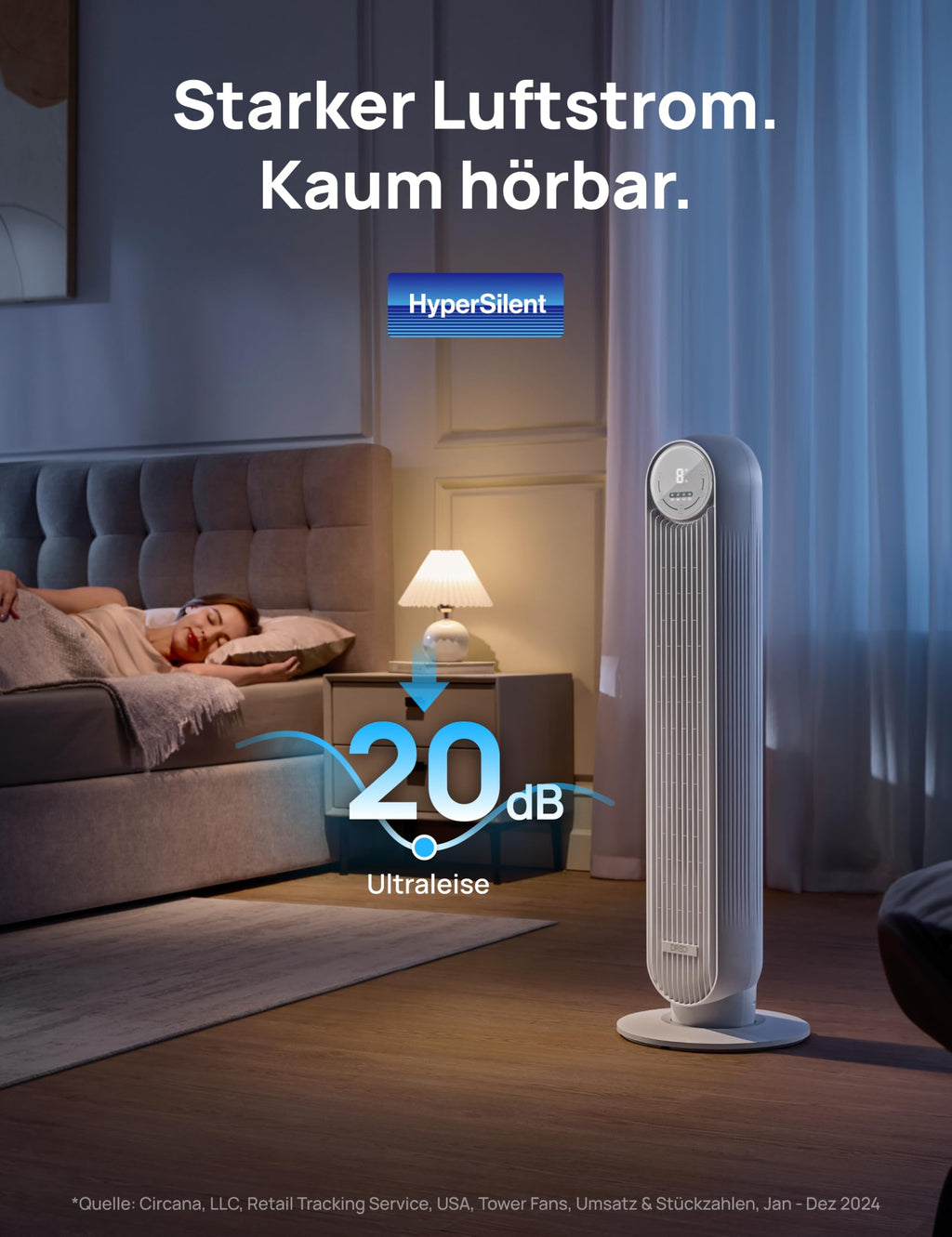 Dreo 20dB Leiser Turmventilator, 10 m Wurfweite 4 Geschwindigstufen 4 Modi 8 Std. Timer 90° oszillierende Ventilator mit Kühlung Fernbedienung für Schlafzimmer, Nomad One, Weiß