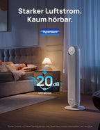 Dreo 20dB Leiser Turmventilator, 10 m Wurfweite 4 Geschwindigstufen 4 Modi 8 Std. Timer 90° oszillierende Ventilator mit Kühlung Fernbedienung für Schlafzimmer, Nomad One, Weiß