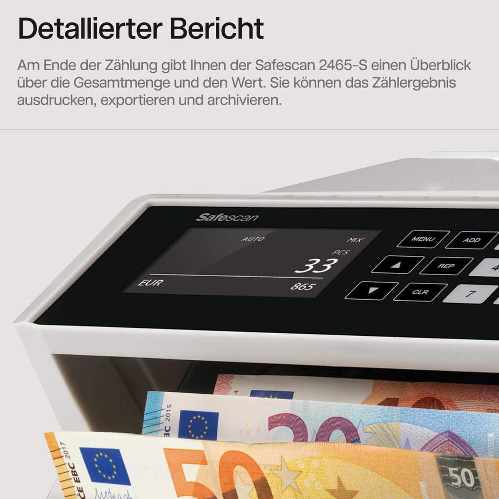 Safescan 2465-S Geldzählmaschine, Wertzählung für gemischte EUR-Banknoten - Banknotenzähler mit 7-facher Echtheitsprüfung - zählt sortierte Banknoten aller Währungen