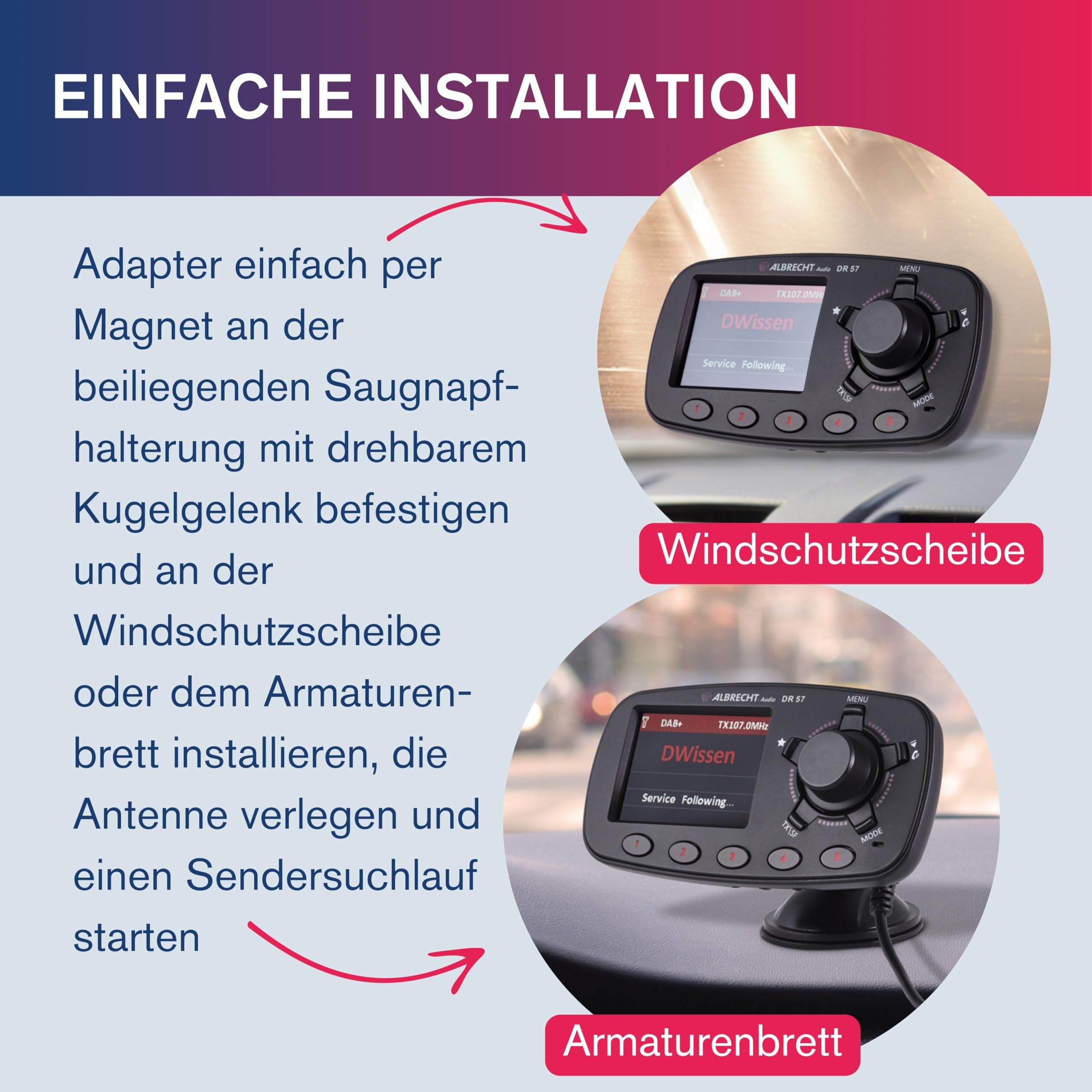 Albrecht DR 57 DAB+ Autoradio-Adapter, zum kabellosen Aufrüsten von KFZ-Radios, DAB+ & Musik-Streaming, inkl. Freisprechfunktion, 27257, schwarz
