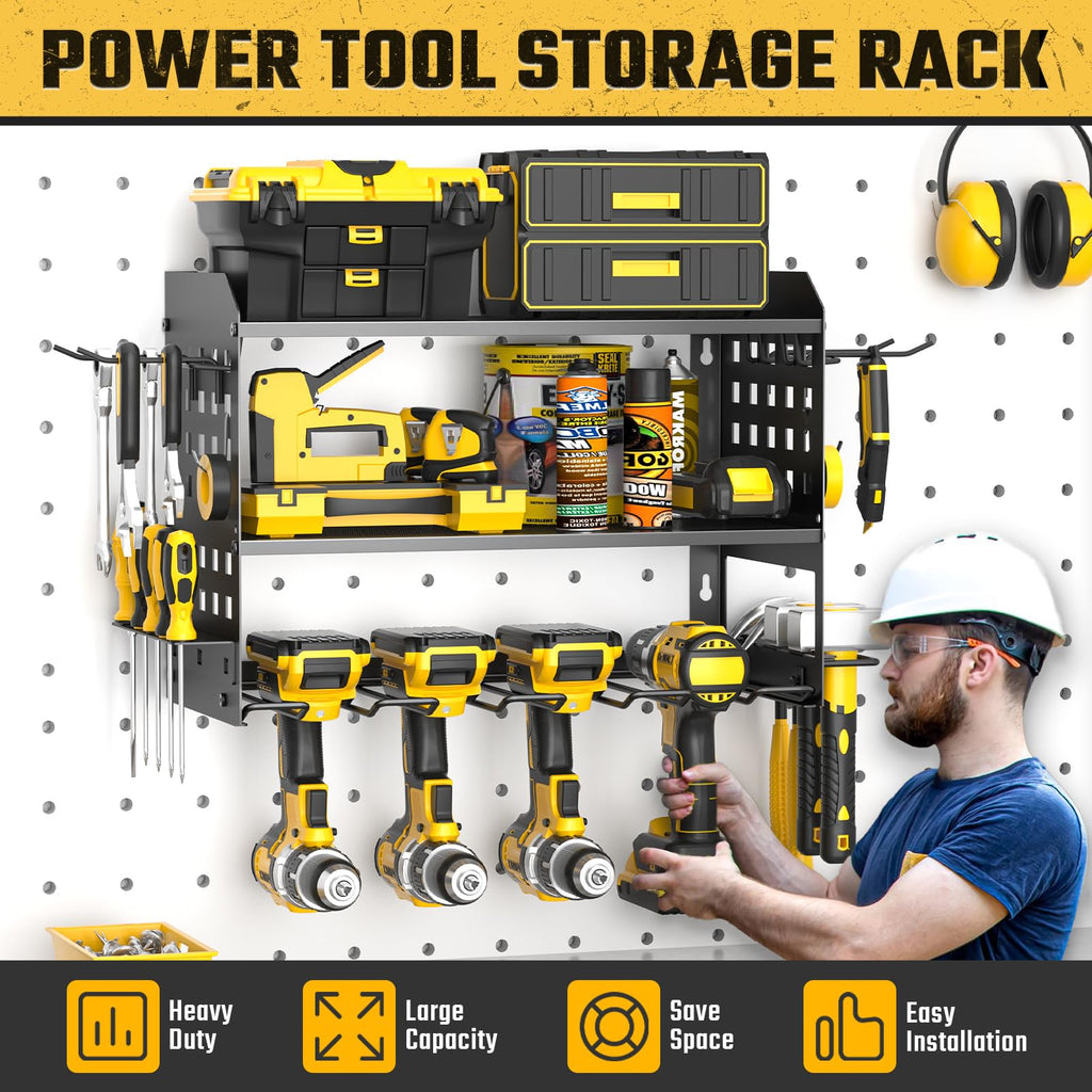 Yeabett 3 Ebenen Werkzeug Wandhalterung, Werkzeugspeicher Aufbewahrung für 4 Elektrowerkzeug, Werkzeug Wandhalterung für Garage, Werkstatt, 42.5 * 20 * 31cm (Schwarz)