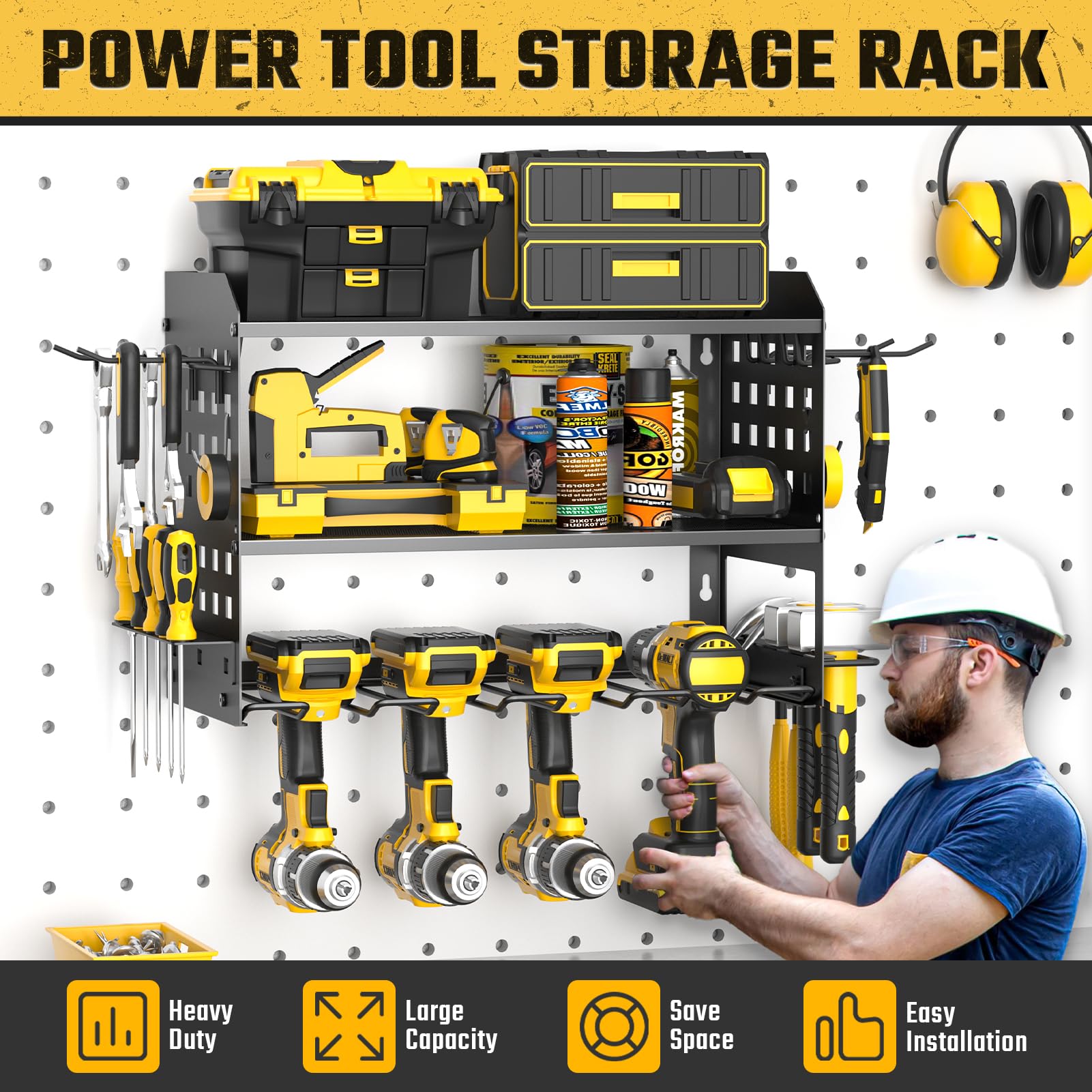 Yeabett 3 Ebenen Werkzeug Wandhalterung, Werkzeugspeicher Aufbewahrung für 4 Elektrowerkzeug, Werkzeug Wandhalterung für Garage, Werkstatt, 42.5 * 20 * 31cm (Schwarz)
