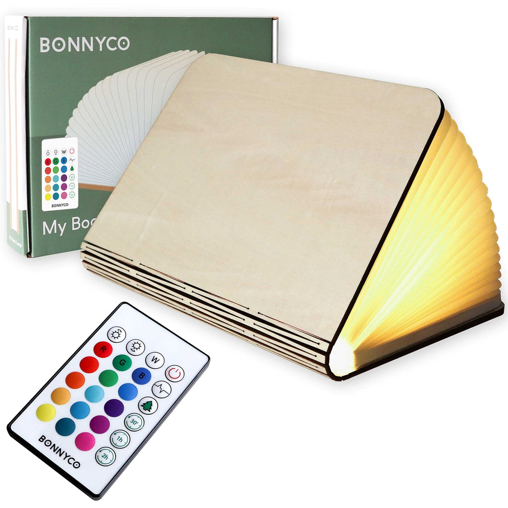 BONNYCO Buchlampe Holz mit Farbwechsel 16 Farben und Timer. LED Buchlampe Geschenk für Frauen und Männer zum Geburtstag Weihnachten. Kleine Lampe Deko Wohnzimmer Schlafzimmer Zimmer, Buch Lampe