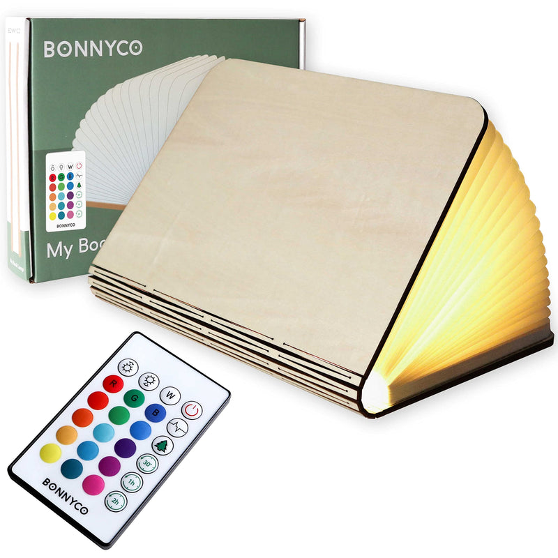 BONNYCO Buchlampe Holz mit Farbwechsel 16 Farben und Timer. LED Buchlampe Geschenk für Frauen und Männer zum Geburtstag Weihnachten. Kleine Lampe Deko Wohnzimmer Schlafzimmer Zimmer, Buch Lampe