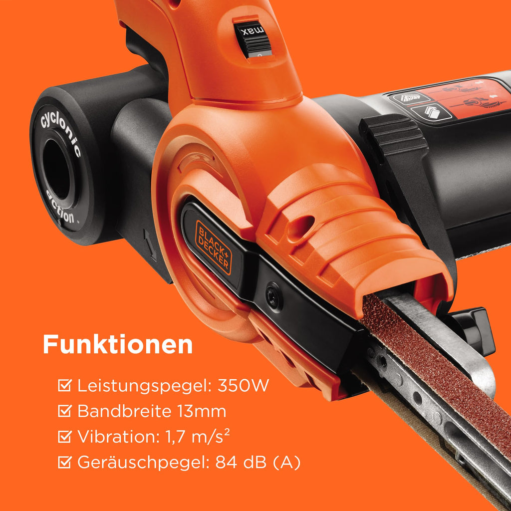BLACK+DECKER 350W, 13mm Feilenschleifer mit 3 Schleifbändern & Staubsammelsystem, KA900E-QS