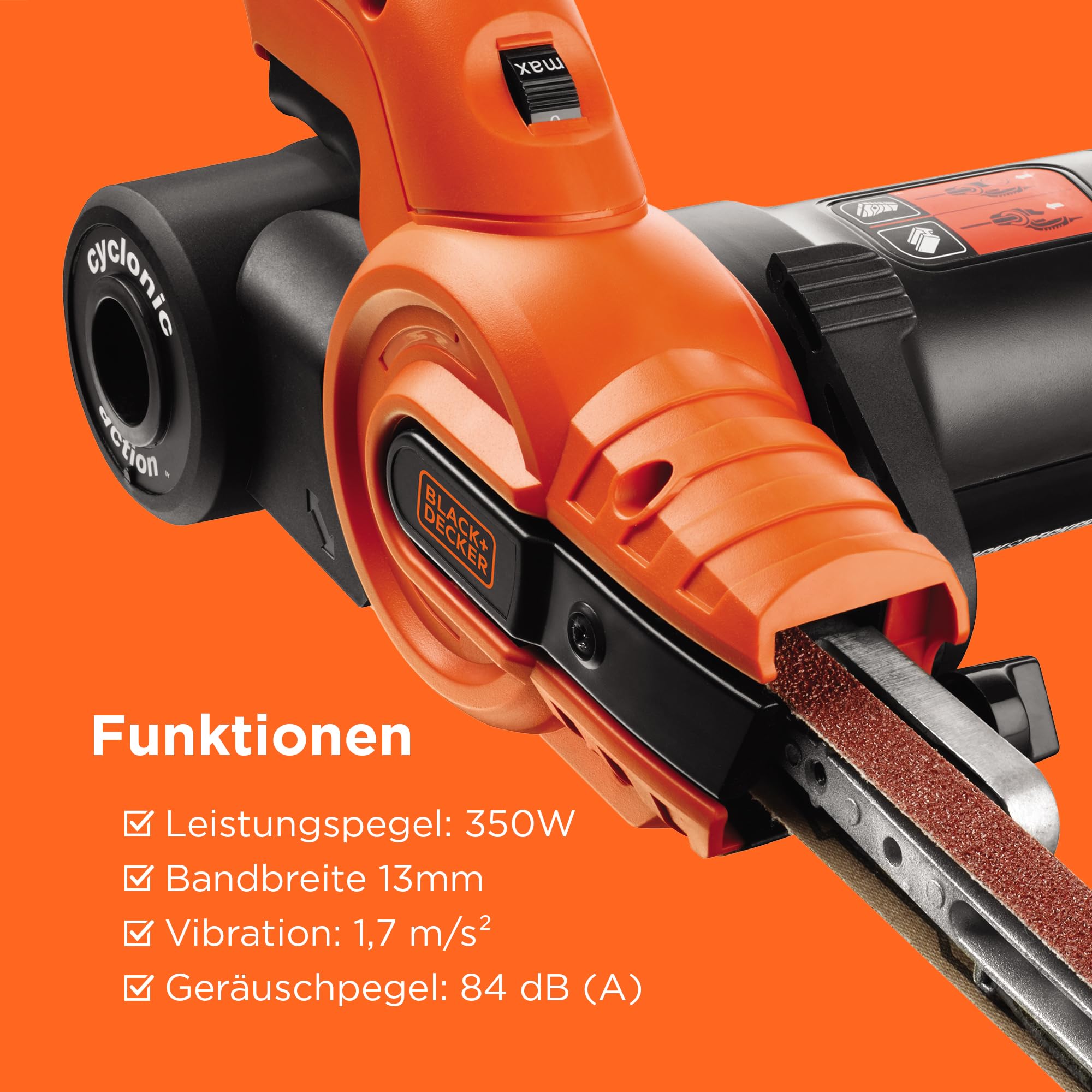 BLACK+DECKER 350W, 13mm Feilenschleifer mit 3 Schleifbändern & Staubsammelsystem, KA900E-QS