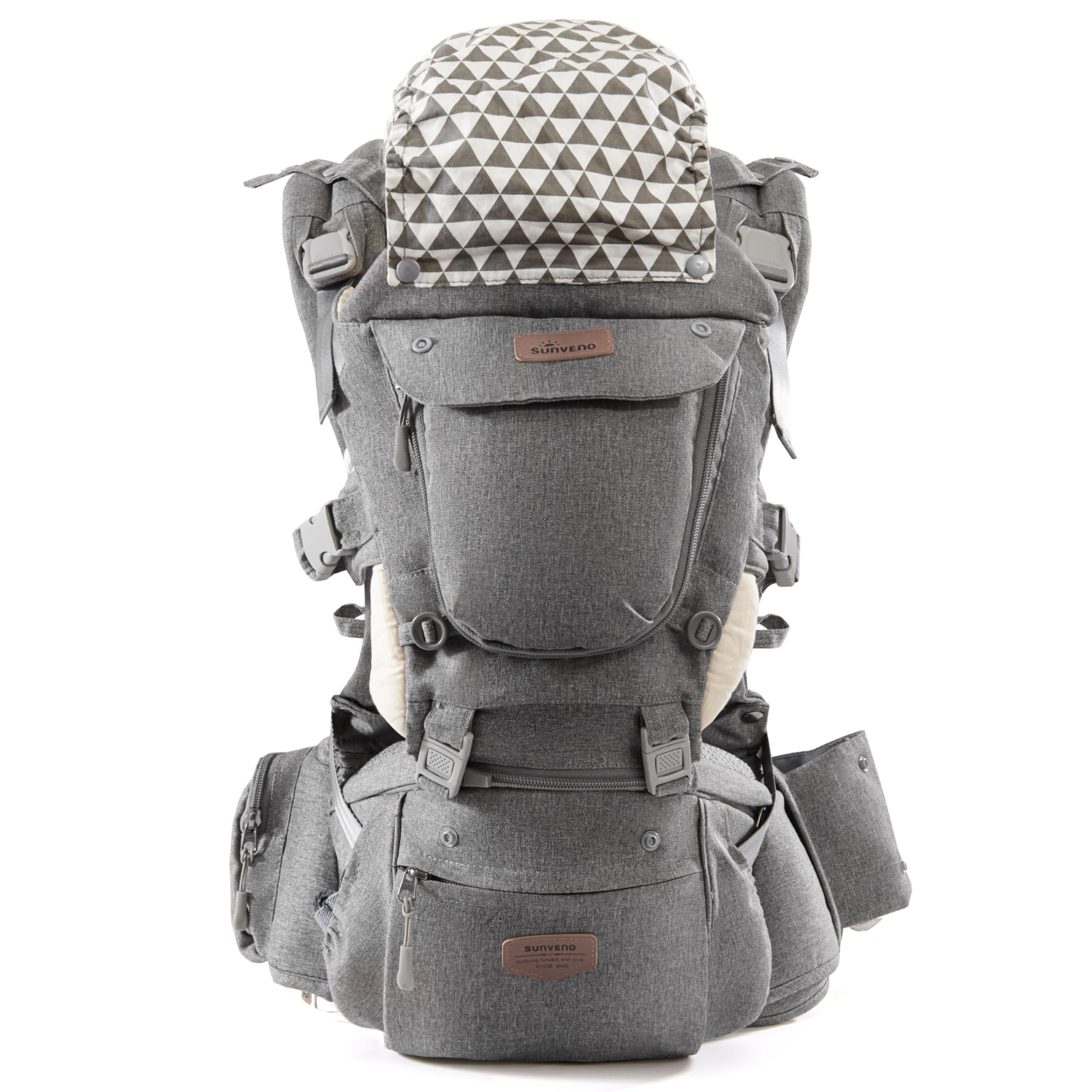 SUNVENO Babytrage Ergonomisch，Baby Carrier mit Abnehmbarer Kapuze, Hüftsitz baby mit Speicheltuch, 3in1 Babybauchtragen für Baby 3-36 Monate, Babyrückentragen 0-20Kg (Grau)