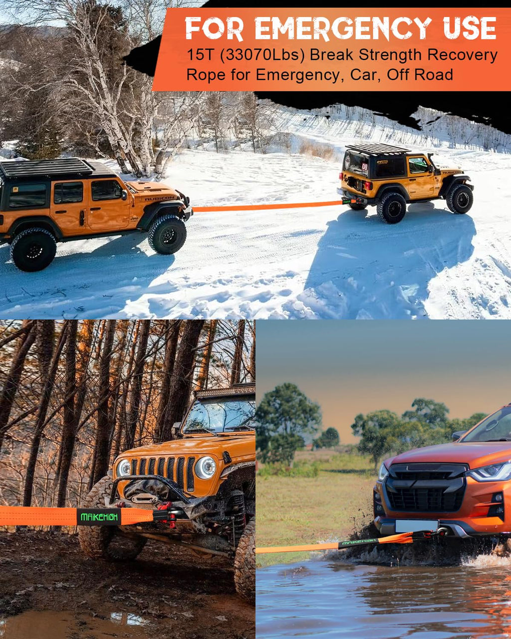 MAIKEHIGH Abschleppseil 15 Tonnen (33,700 Lbs), 6M x 7,6cm Abschleppgurt mit 2 Verbesserten Schäkeln Haken, 2 Handschuhen für Auto, LKW, SUV, Offroad (Orange)