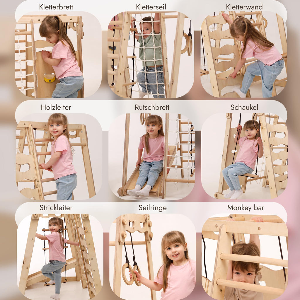 Goodevas Verbessert 9-in-1 Klettergerüst Indoor für Kinder, Montessori Klettergerüst mit Rutsche, Schaukel, Kletterwand, Kletterdreieck – Spielplatz für Kinderzimmer