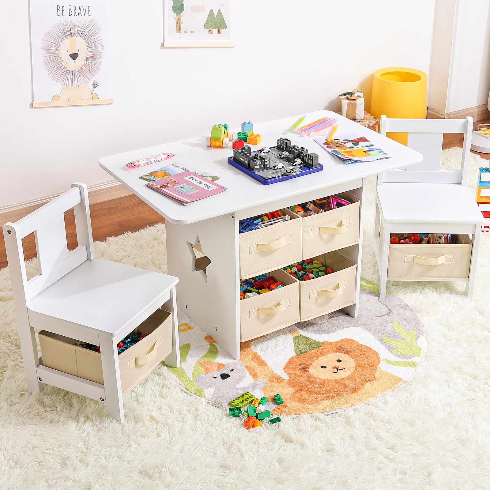 Yorbay Kindertisch mit 2 Stühle, Kinderaktivitätstisch mit Stauraum, 3tlg Kindersitzgruppe, Sitzgruppe für Kinder, Maltisch für Kinderzimmer, Spielzimmer, Vorschüler, Kindermöbel (Weiß)