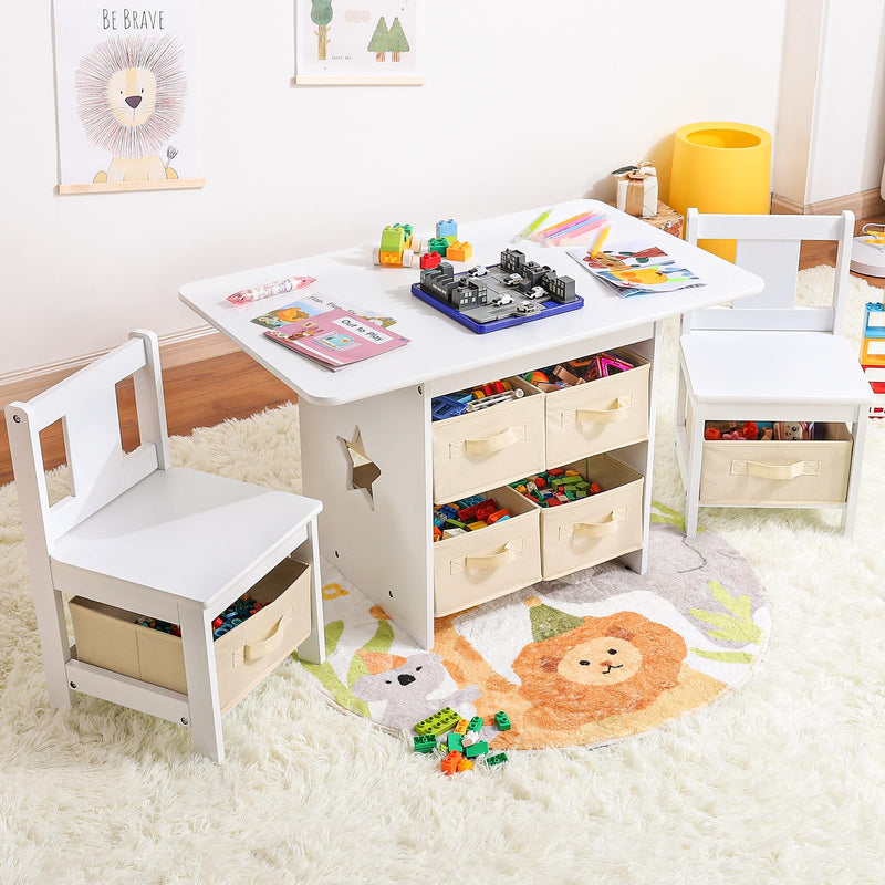Yorbay Kindertisch mit 2 Stühle, Kinderaktivitätstisch mit Stauraum, 3tlg Kindersitzgruppe, Sitzgruppe für Kinder, Maltisch für Kinderzimmer, Spielzimmer, Vorschüler, Kindermöbel (Weiß)