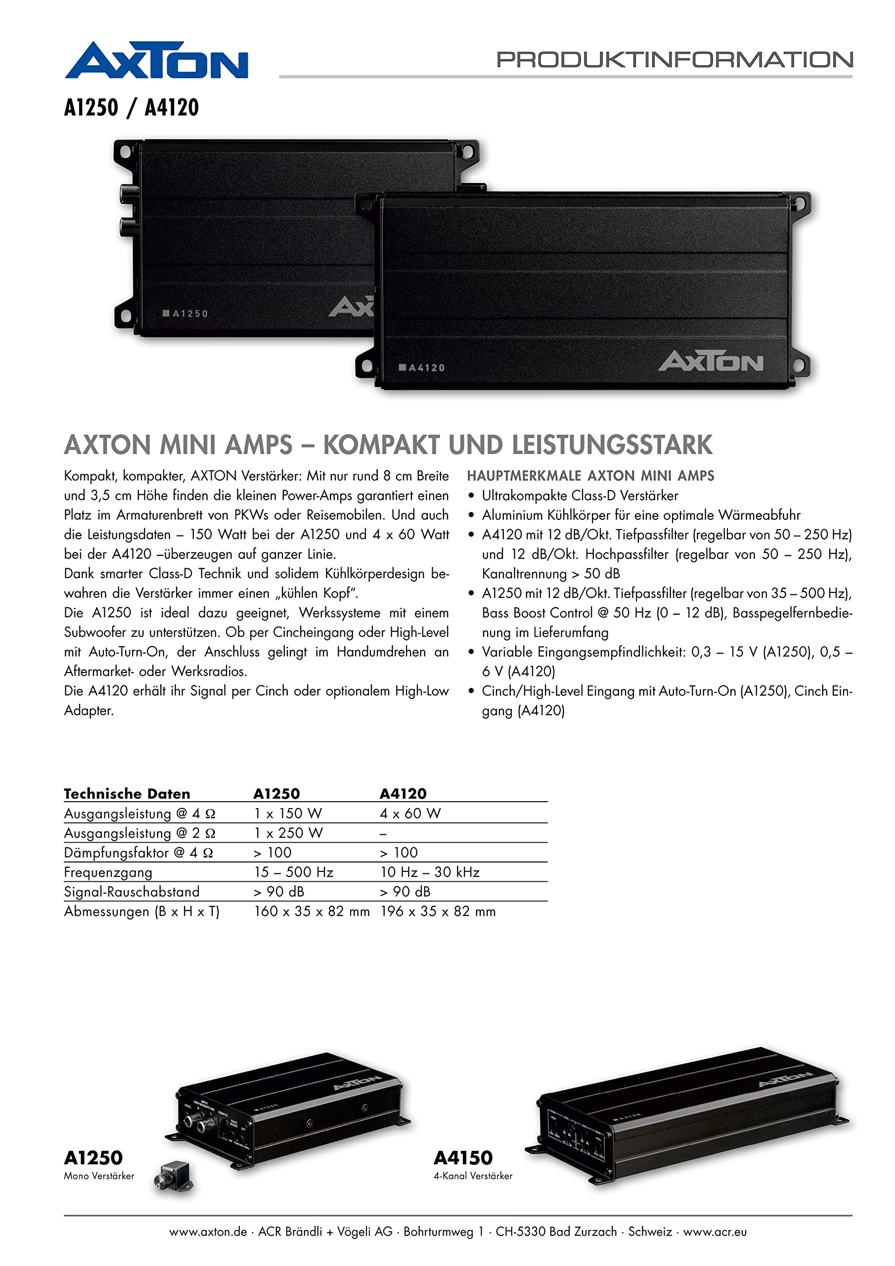 AXTON A1250 – ultra kompakter digitaler Mono Verstärker für Autos und Reisemobile, Mini 1-Kanal Bass Endstufe mit High-Level Eingang, Class-D Amp, 2 Ohm stabil, 1 x 150 Watt