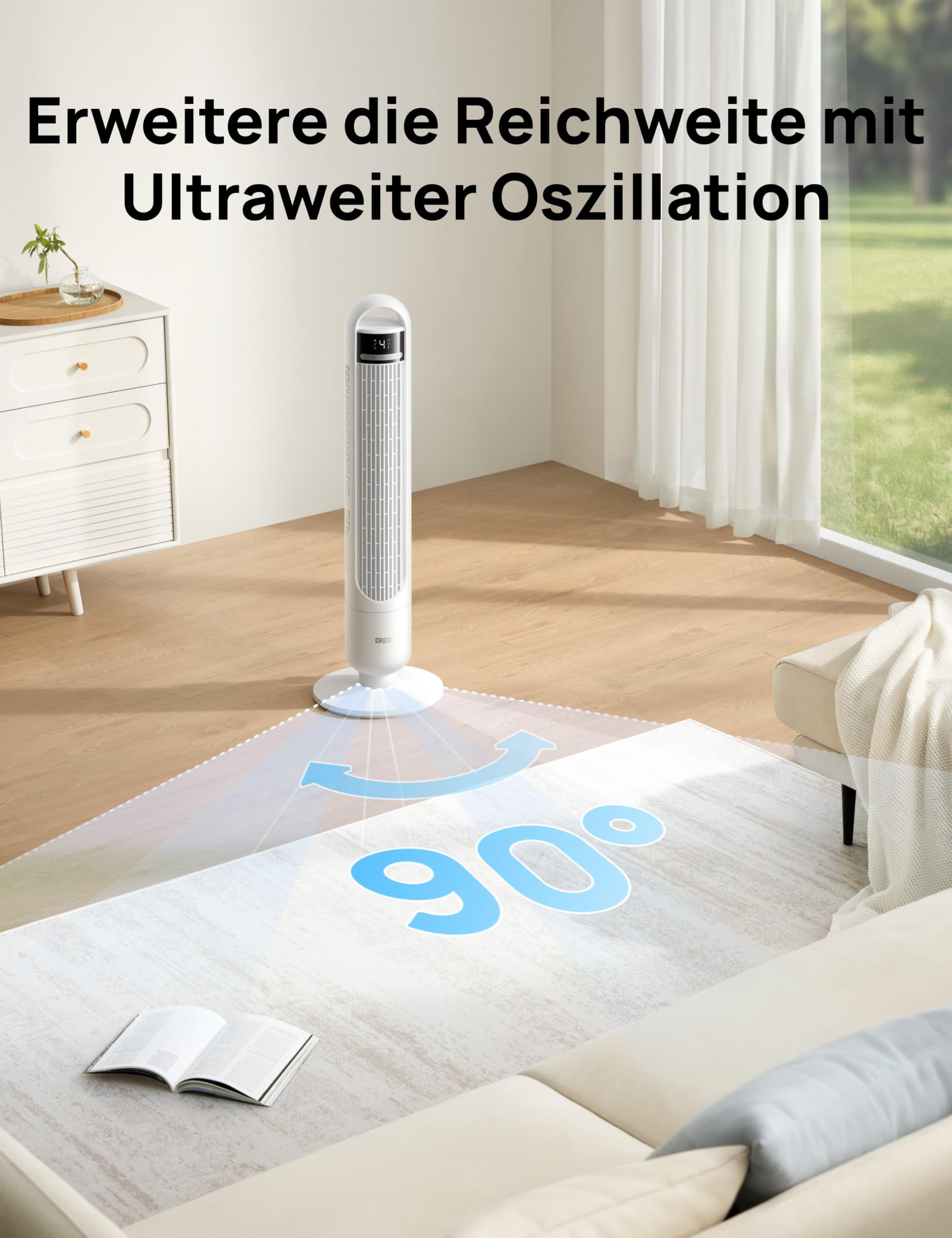 Dreo 23dB Leiser Turmventilator, Ventilator mit Kühlung, Fernbedienung für Schlafzimmer, Tower Fan mit 4 Geschwindigkeiten, 3 Modi, 9,8 m Windreichweite, 8H Timer, 90° Oszillierend für Wohnzimmer